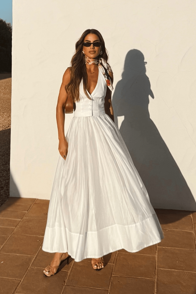 Women's Maxi Dress — Fitted V - Neckline Front Button Detail Design - Hudson Harper - Women Maxi Dress