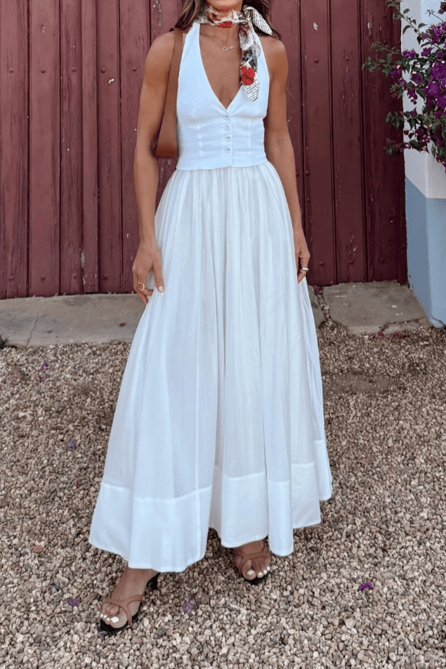 Women's Maxi Dress — Fitted V - Neckline Front Button Detail Design - Hudson Harper - Women Maxi Dress