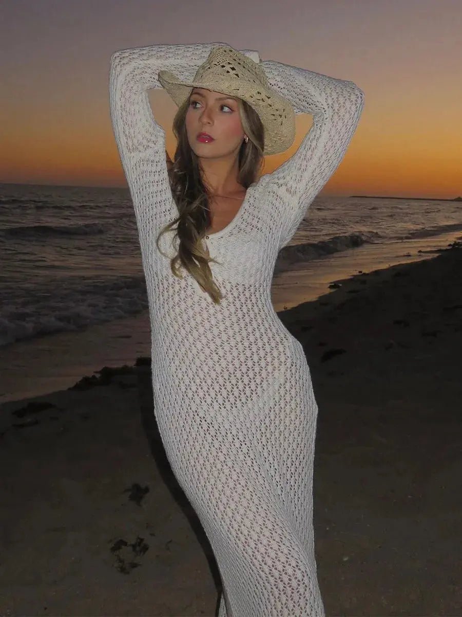 Women's Maxi Dress — Long Sleeve Keyhole Neckline Full Length - Hudson Harper - Women Maxi Dress