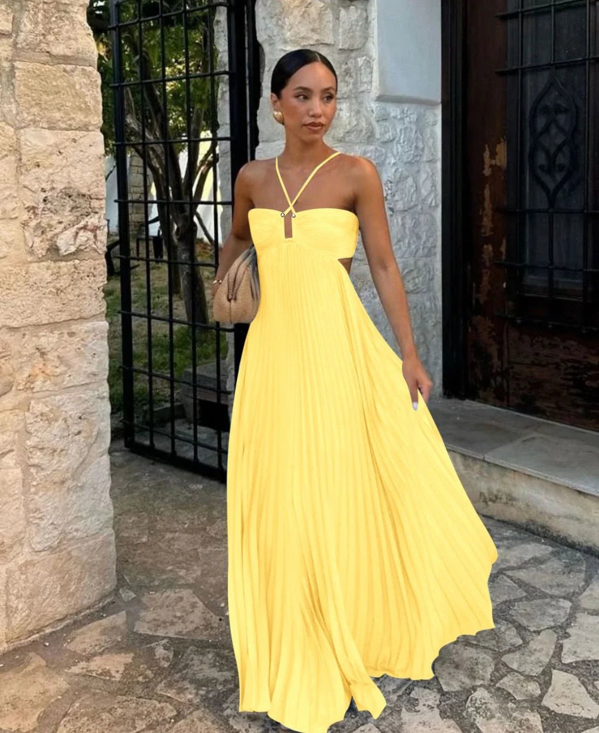 Women's Maxi Dress — Pleated Skirt Halter Neckline Open Back - Hudson Harper - Women Maxi Dress
