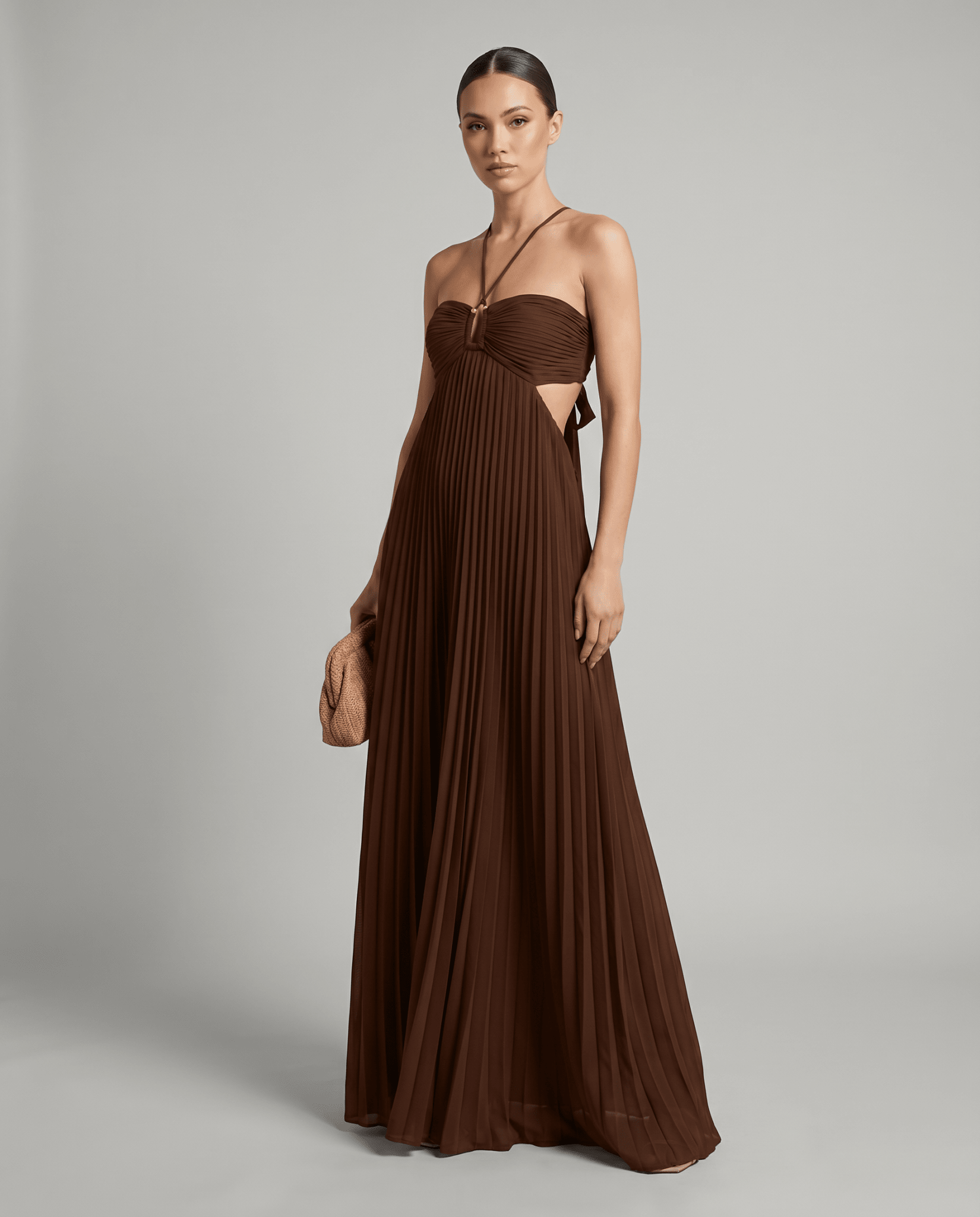 Women's Maxi Dress — Pleated Skirt Halter Neckline Open Back - Hudson Harper - Women Maxi Dress