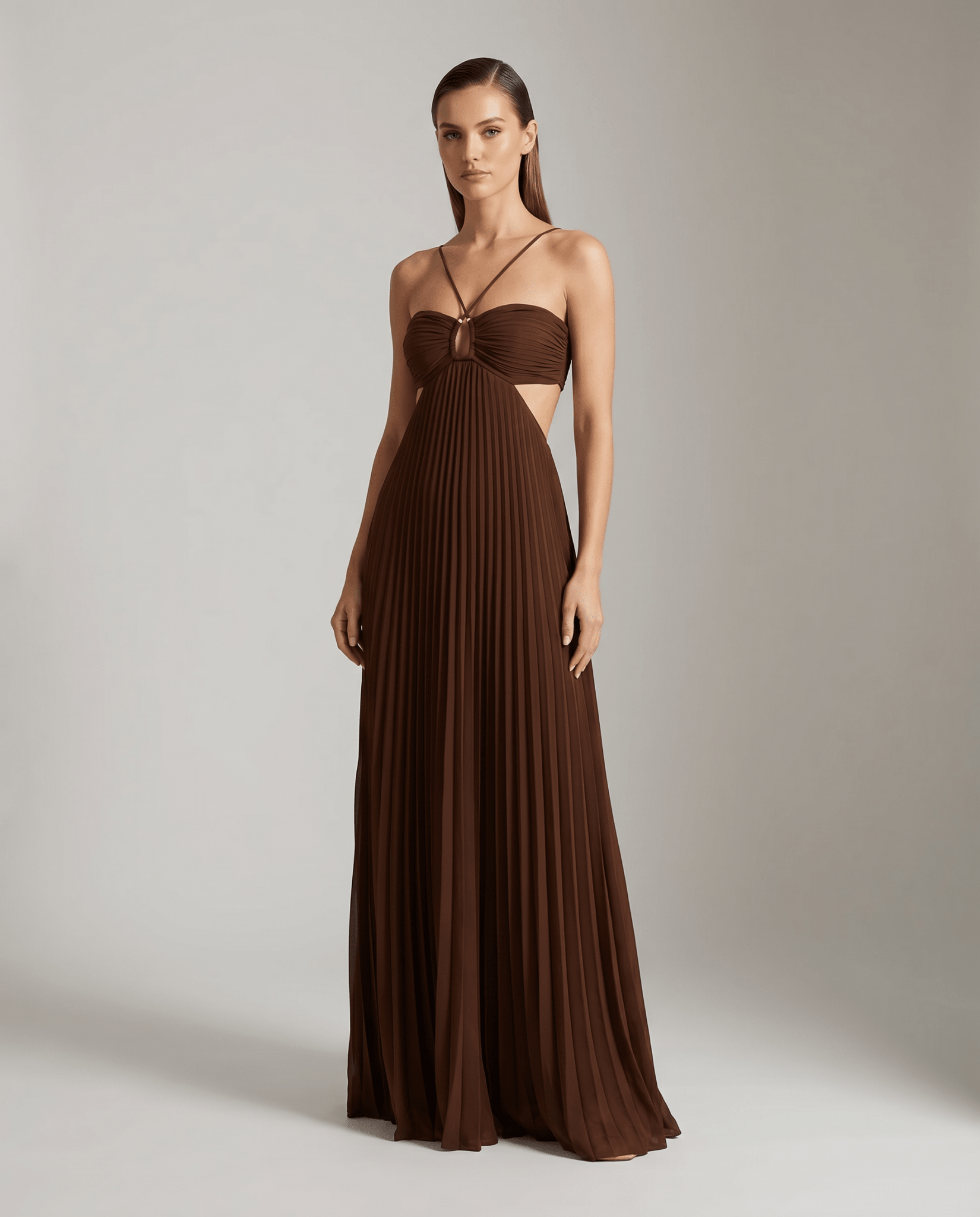 Women's Maxi Dress — Pleated Skirt Halter Neckline Open Back - Hudson Harper - Women Maxi Dress
