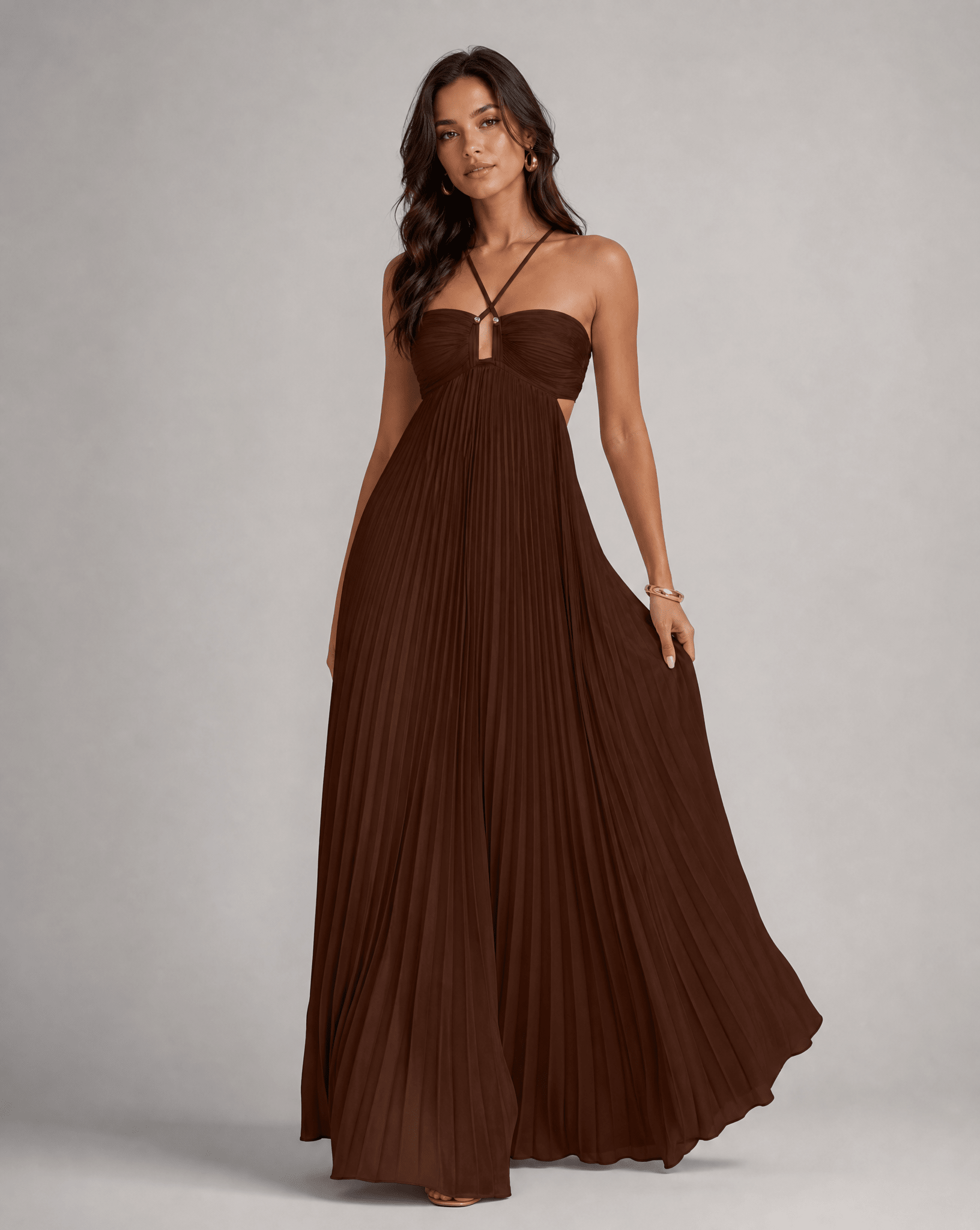 Women's Maxi Dress — Pleated Skirt Halter Neckline Open Back - Hudson Harper - Women Maxi Dress