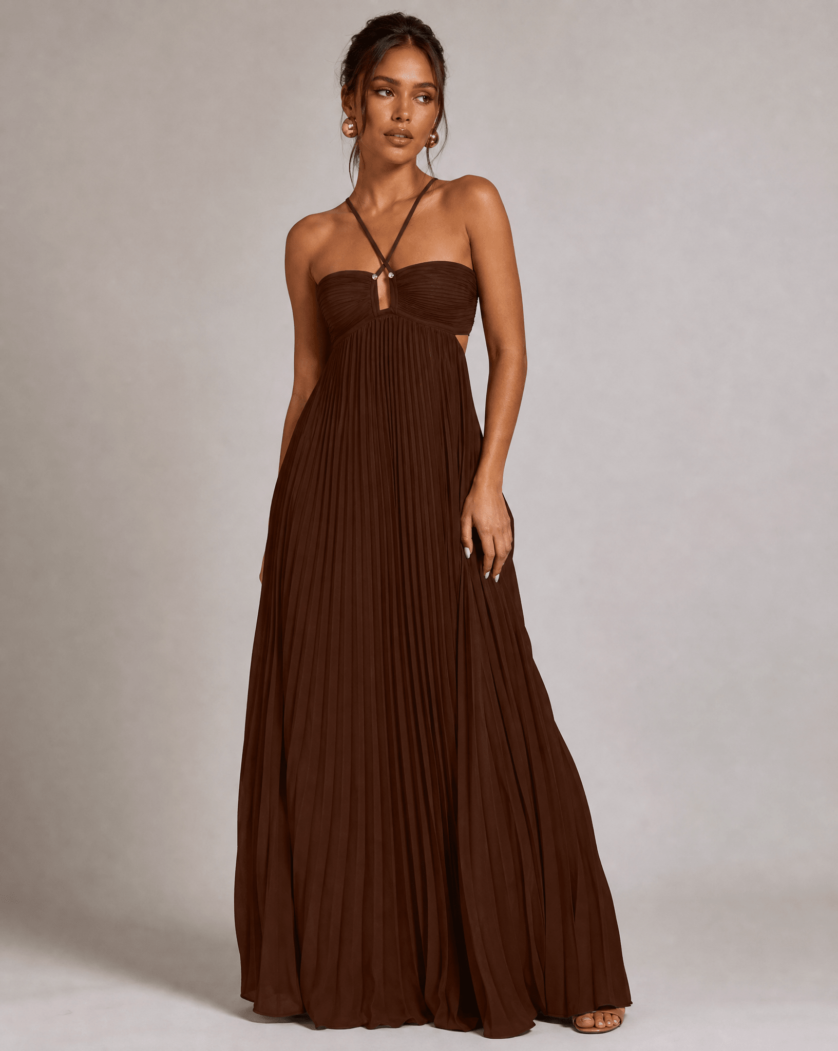 Women's Maxi Dress — Pleated Skirt Halter Neckline Open Back - Hudson Harper - Women Maxi Dress