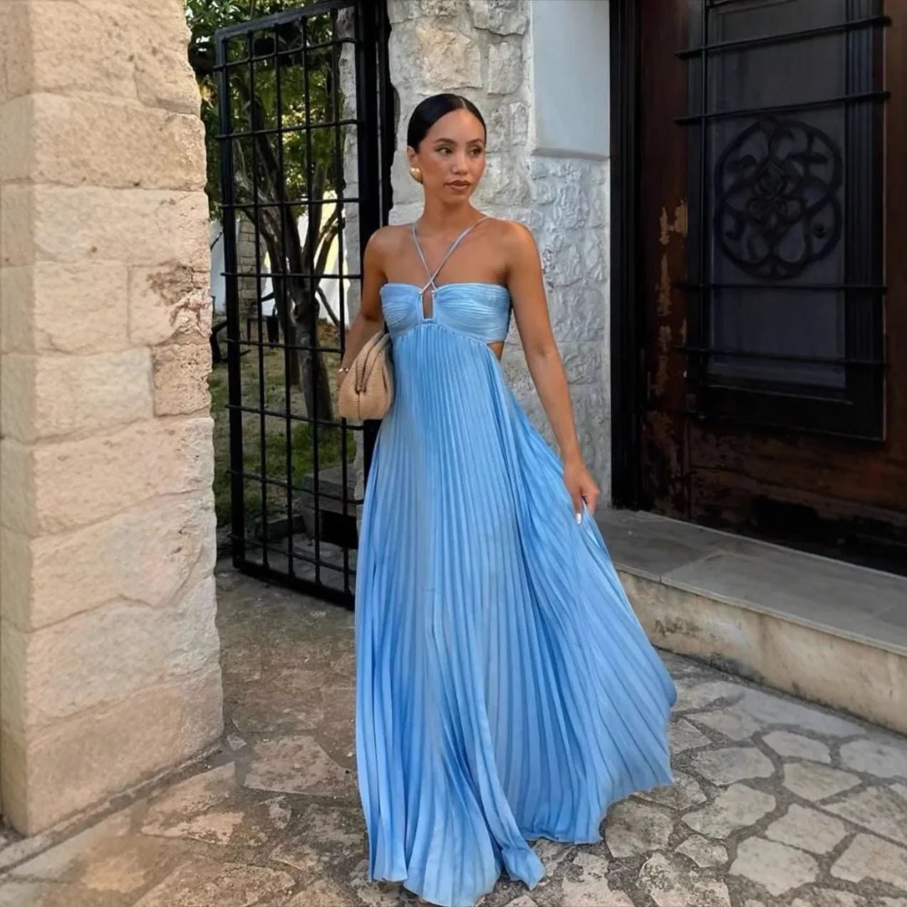 Women's Maxi Dress — Pleated Skirt Halter Neckline Open Back - Hudson Harper - Women Maxi Dress