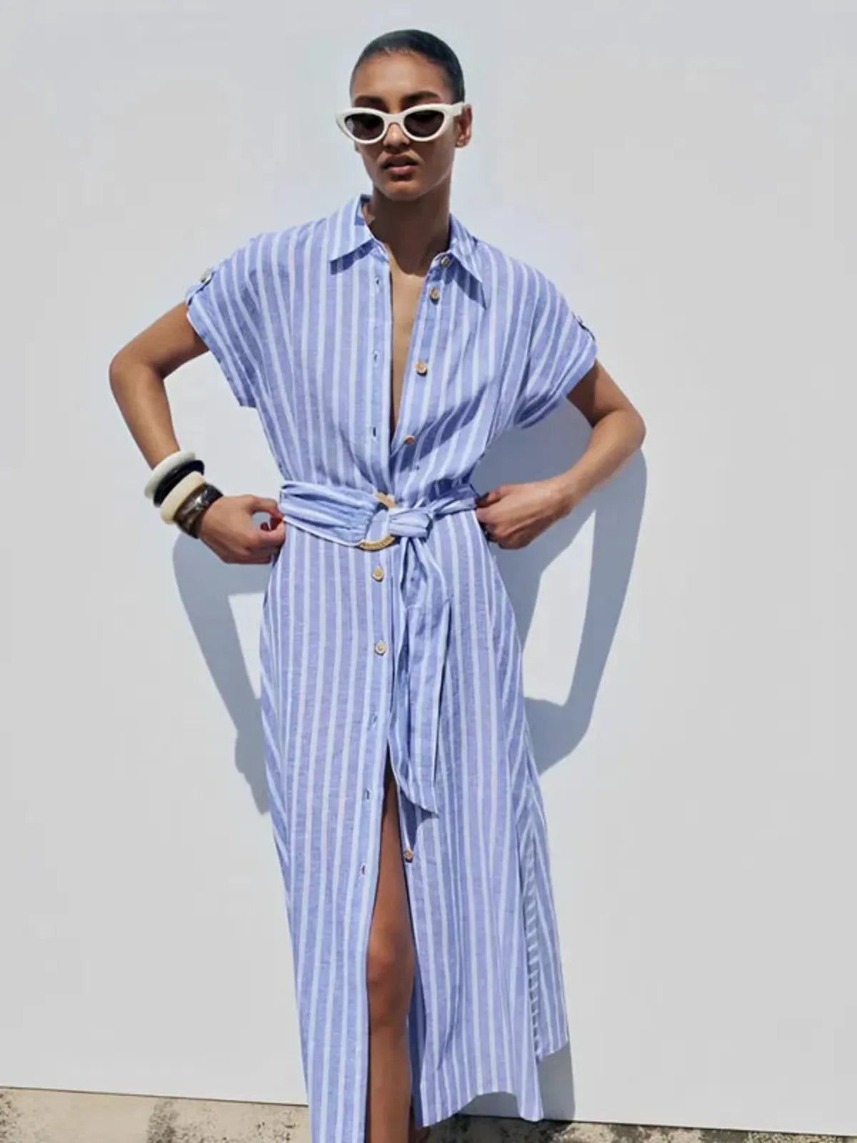 Women's Maxi Dress — Striped Short Sleeve Button - Front Tie Waist - Hudson Harper - Women Maxi Dress