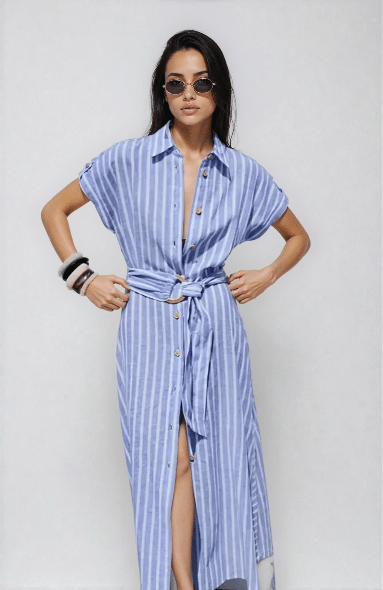 Women's Maxi Dress — Striped Short Sleeve Button - Front Tie Waist - Hudson Harper - Women Maxi Dress
