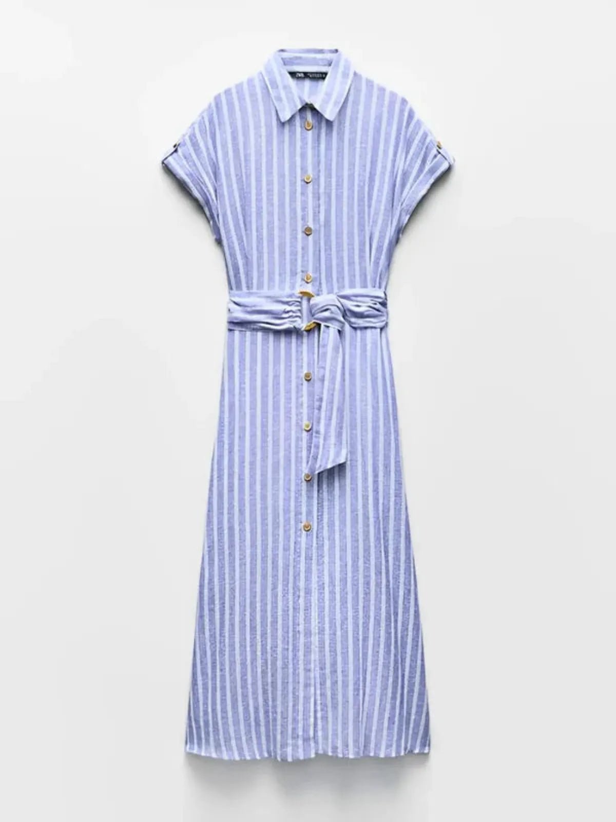 Women's Maxi Dress — Striped Short Sleeve Button - Front Tie Waist - Hudson Harper - Women Maxi Dress