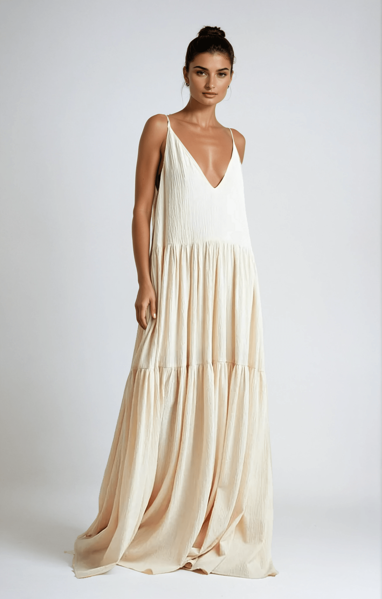 Women's Maxi Dress — Tiered Pleated Adjustable Straps Design - Hudson Harper - Women Maxi Dress