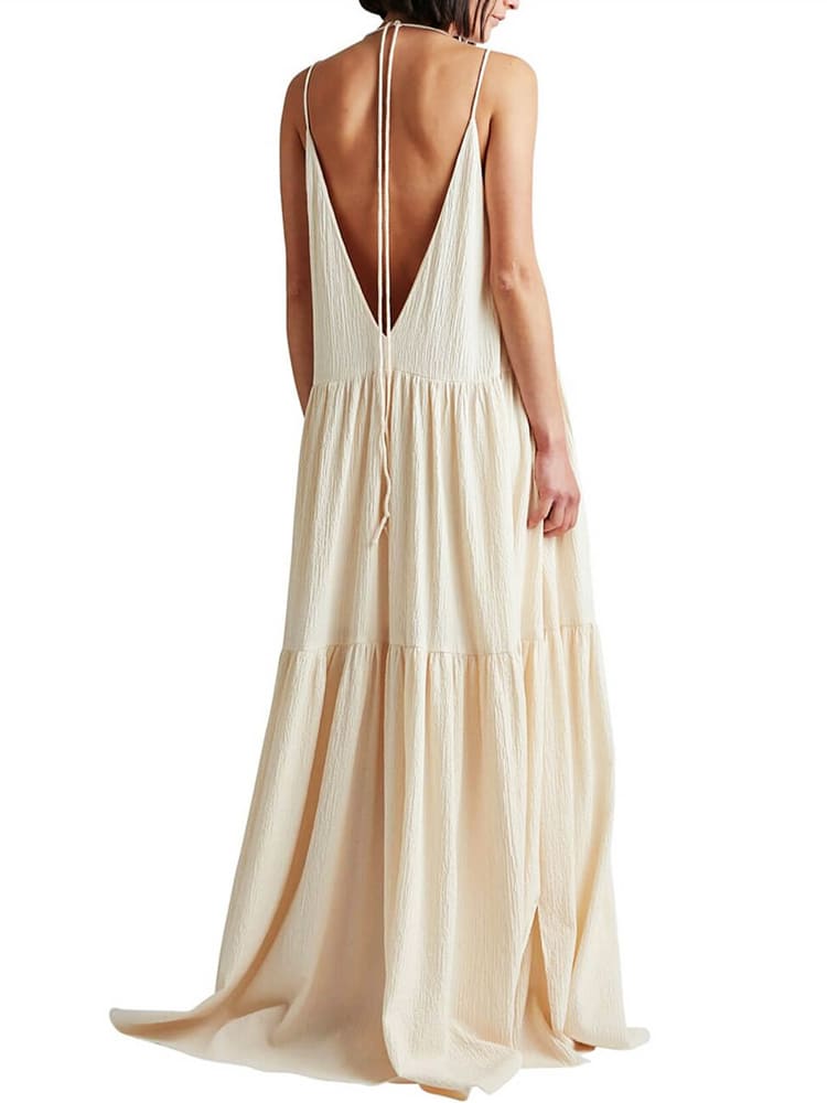 Women's Maxi Dress — Tiered Pleated Adjustable Straps Design - Hudson Harper - Women Maxi Dress