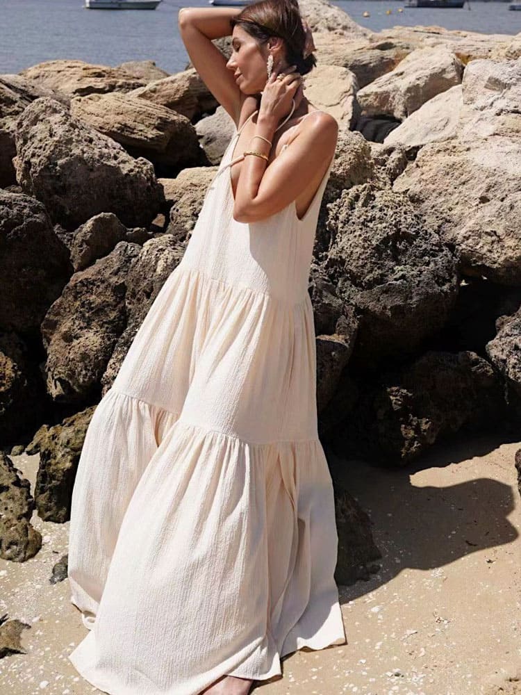 Women's Maxi Dress — Tiered Pleated Adjustable Straps Design - Hudson Harper - Women Maxi Dress