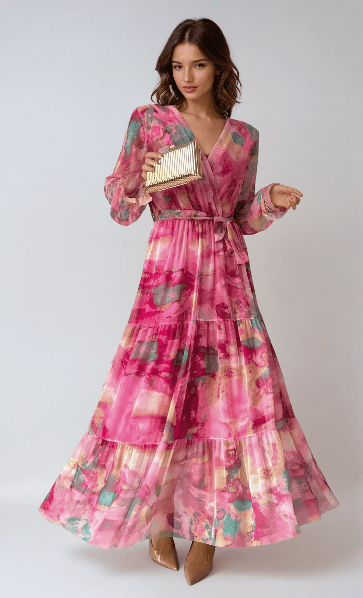 Women's Maxi Dress — Wrap Closure V - Neck Long Sleeve Design - Hudson Harper - Women Maxi Dress