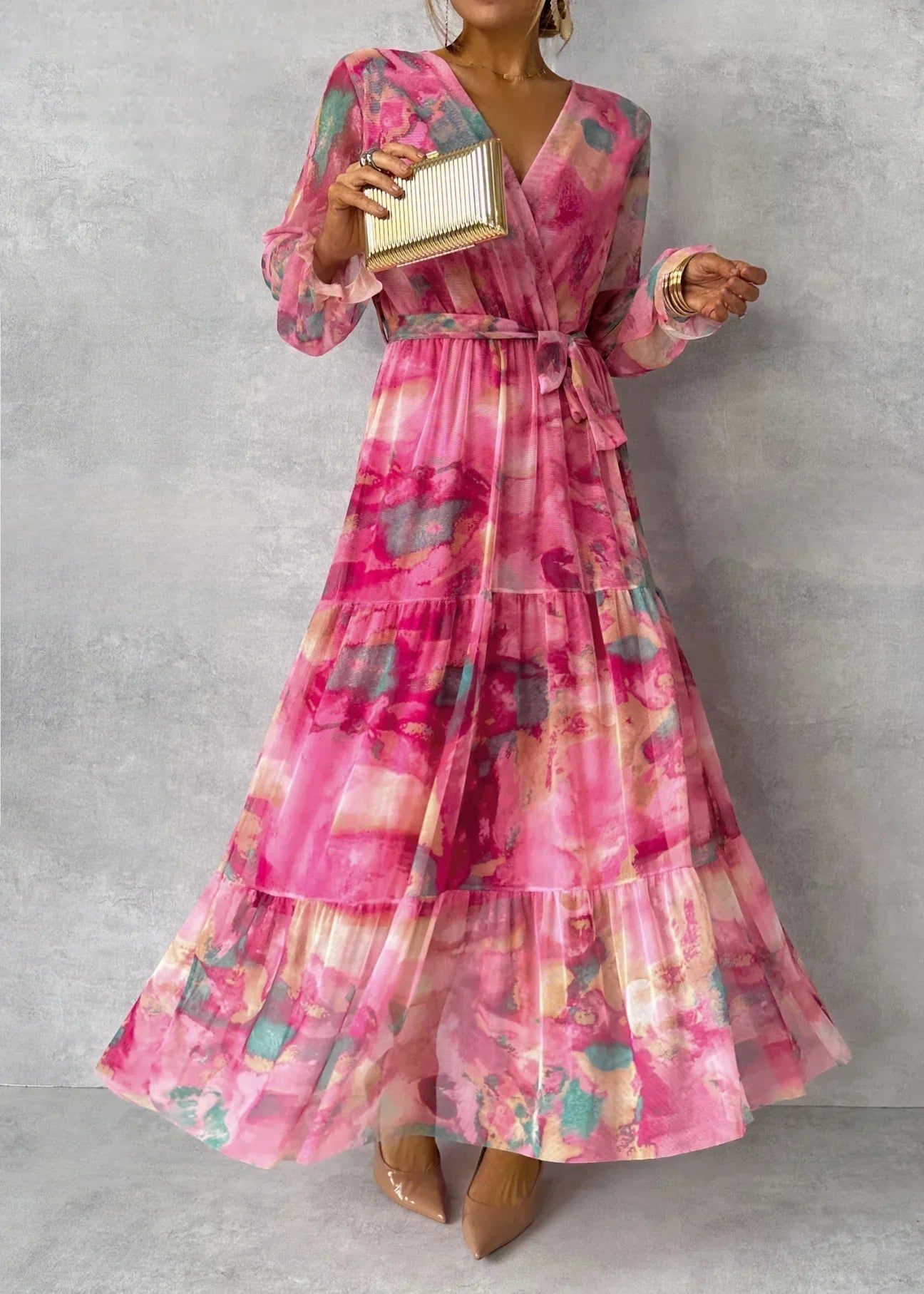 Women's Maxi Dress — Wrap Closure V - Neck Long Sleeve Design - Hudson Harper - Women Maxi Dress