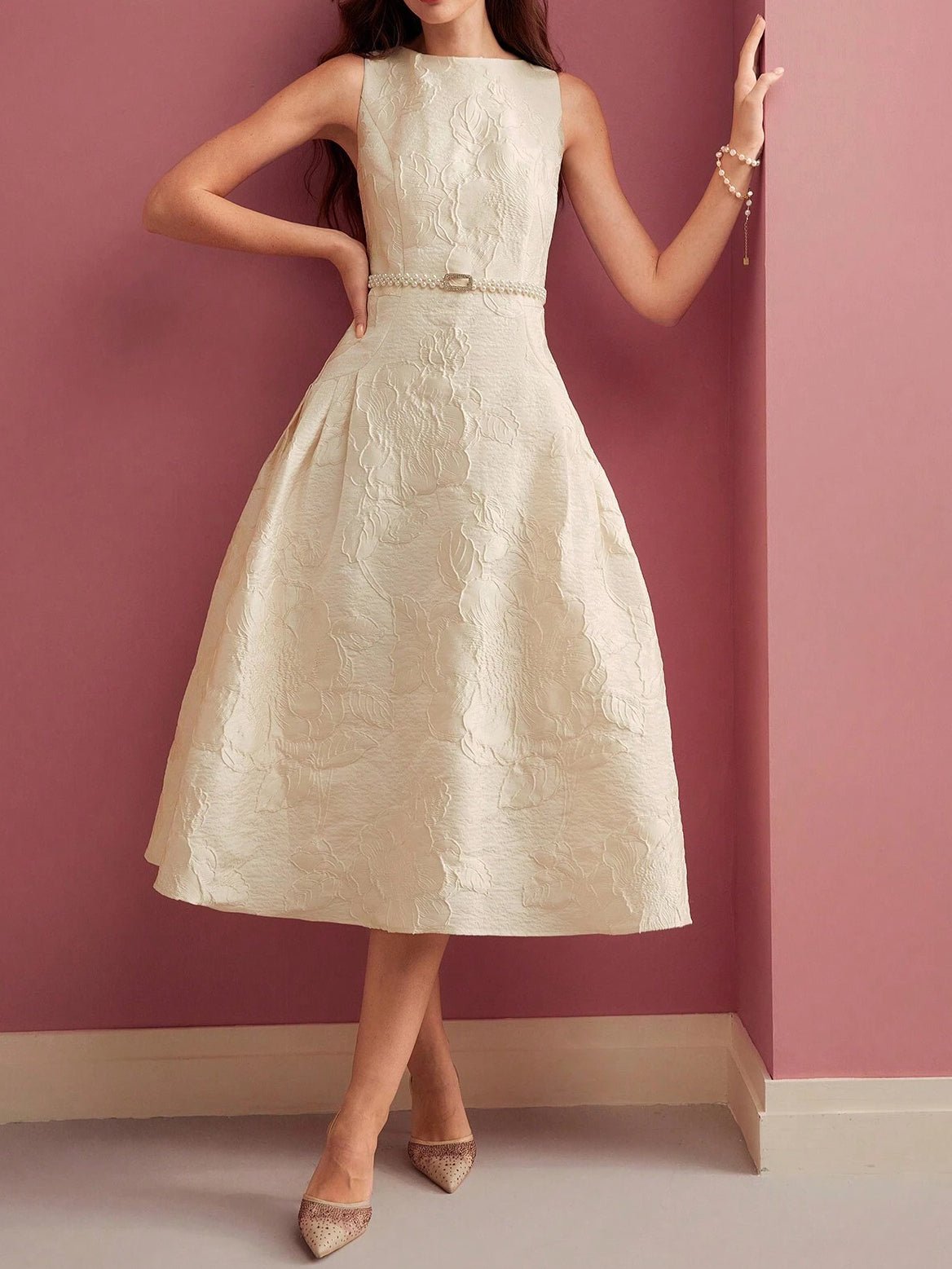 Women's Midi Dress — A - Line Fit Boat Neckline Sleeveless Belt - Hudson Harper - Women Midi Dress