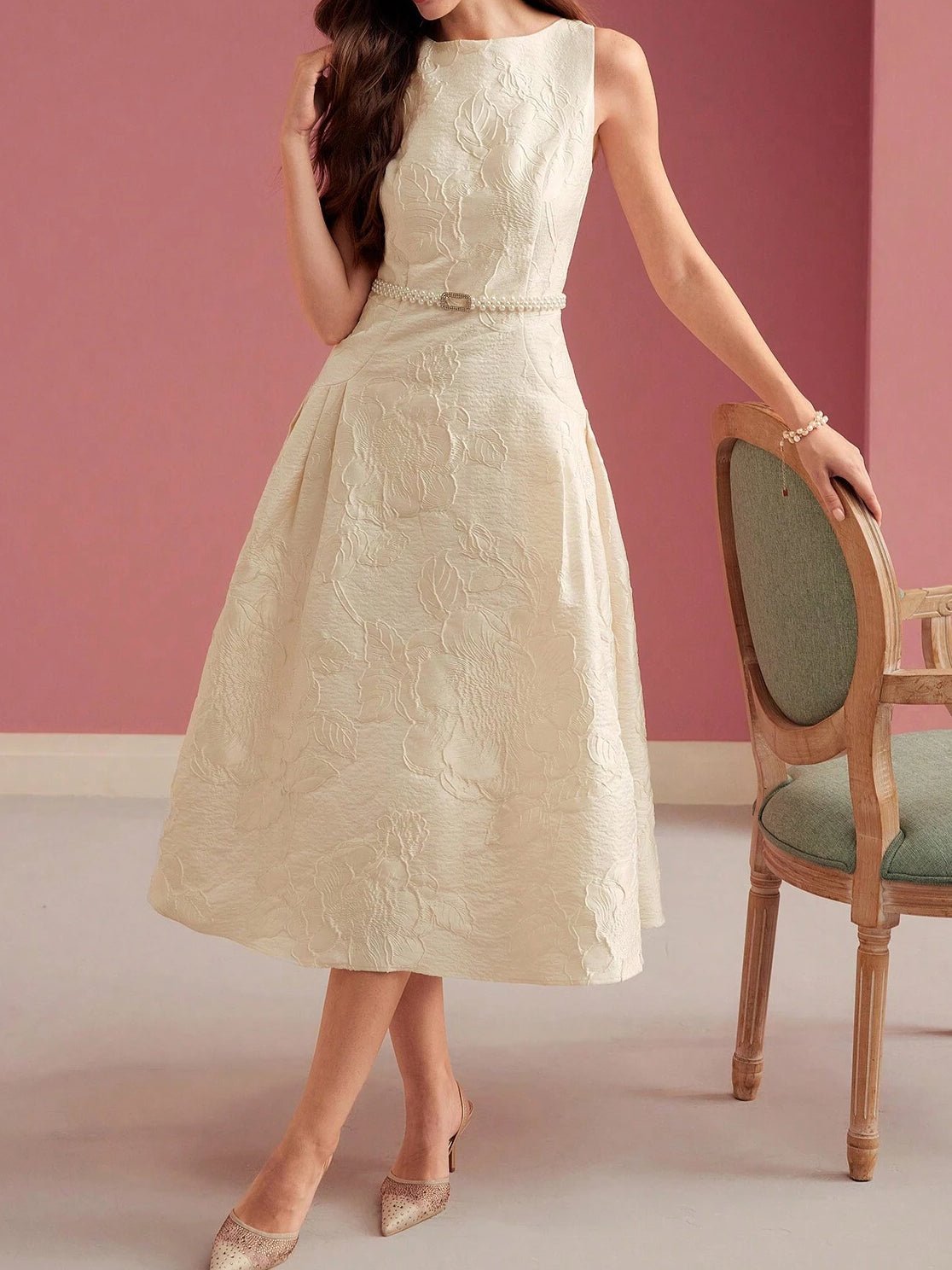 Women's Midi Dress — A - Line Fit Boat Neckline Sleeveless Belt - Hudson Harper - Women Midi Dress