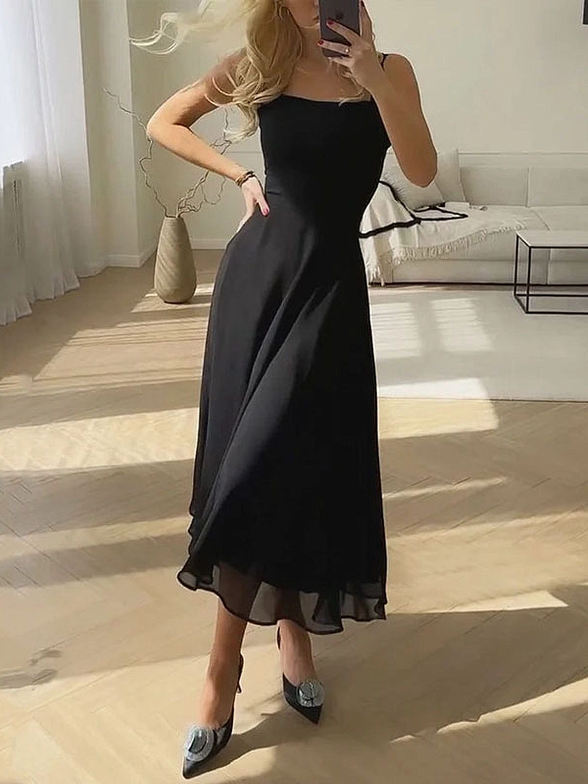 Women's Midi Dress — A - Line Fit Square Neckline Structured Bodice - Hudson Harper - Women Midi Dress