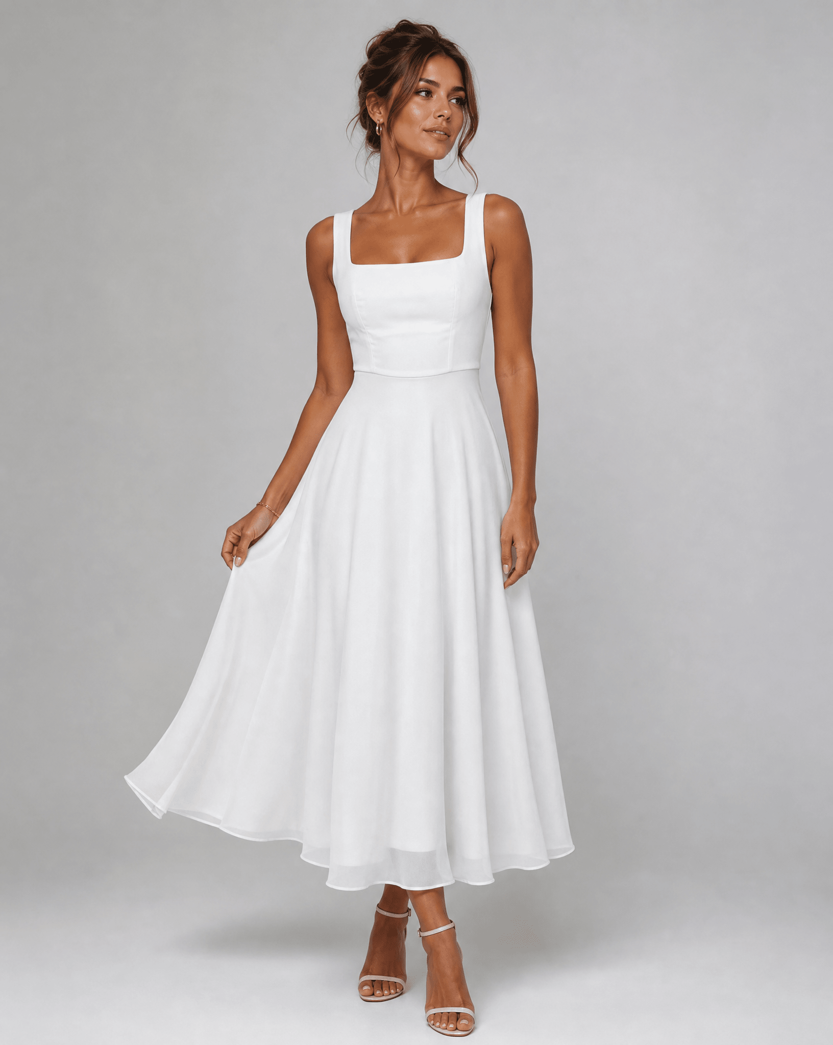 Women's Midi Dress — A - Line Structure Square Neckline Sleeveless - Hudson Harper - Women Midi Dress