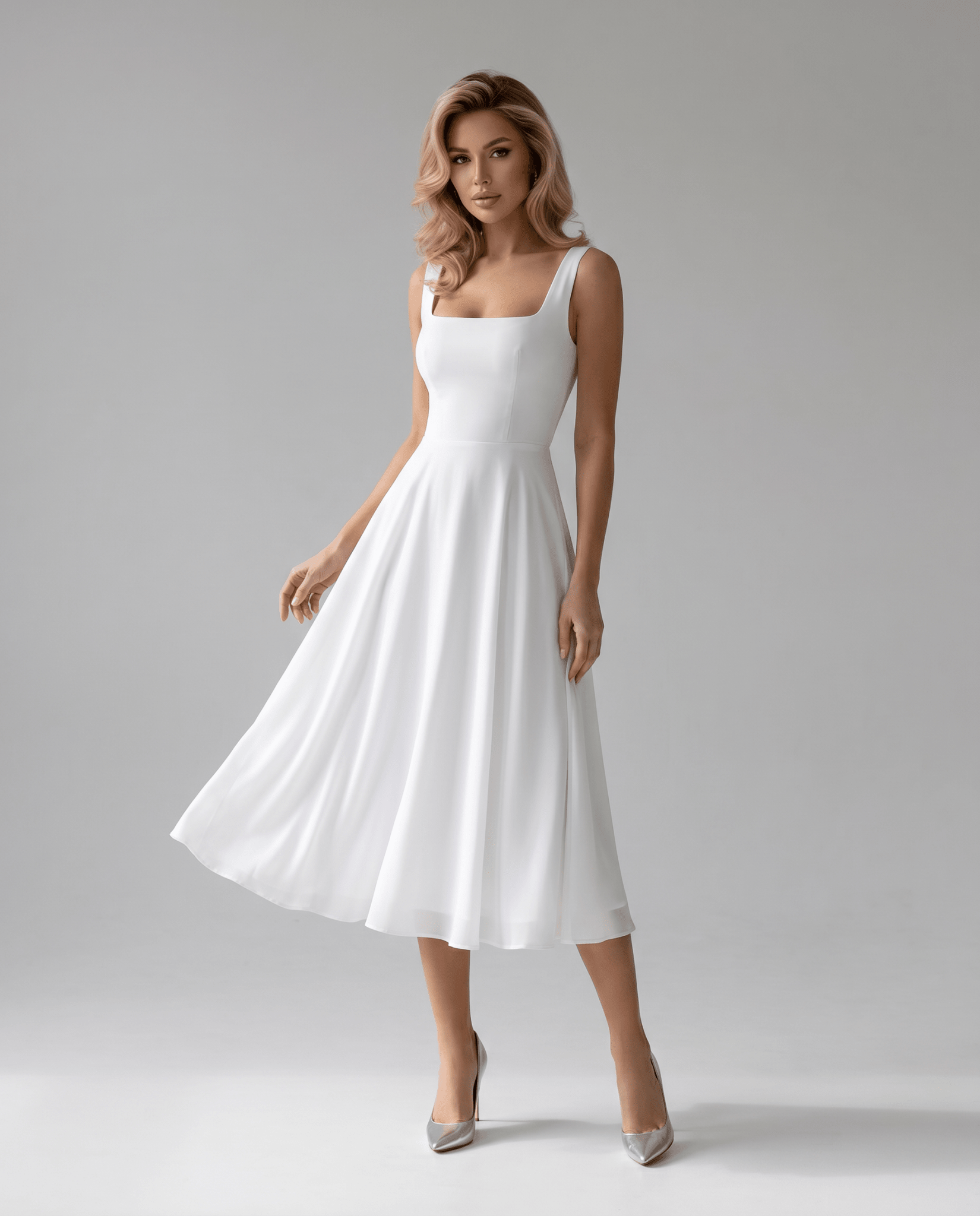 Women's Midi Dress — A - Line Structure Square Neckline Sleeveless - Hudson Harper - Women Midi Dress