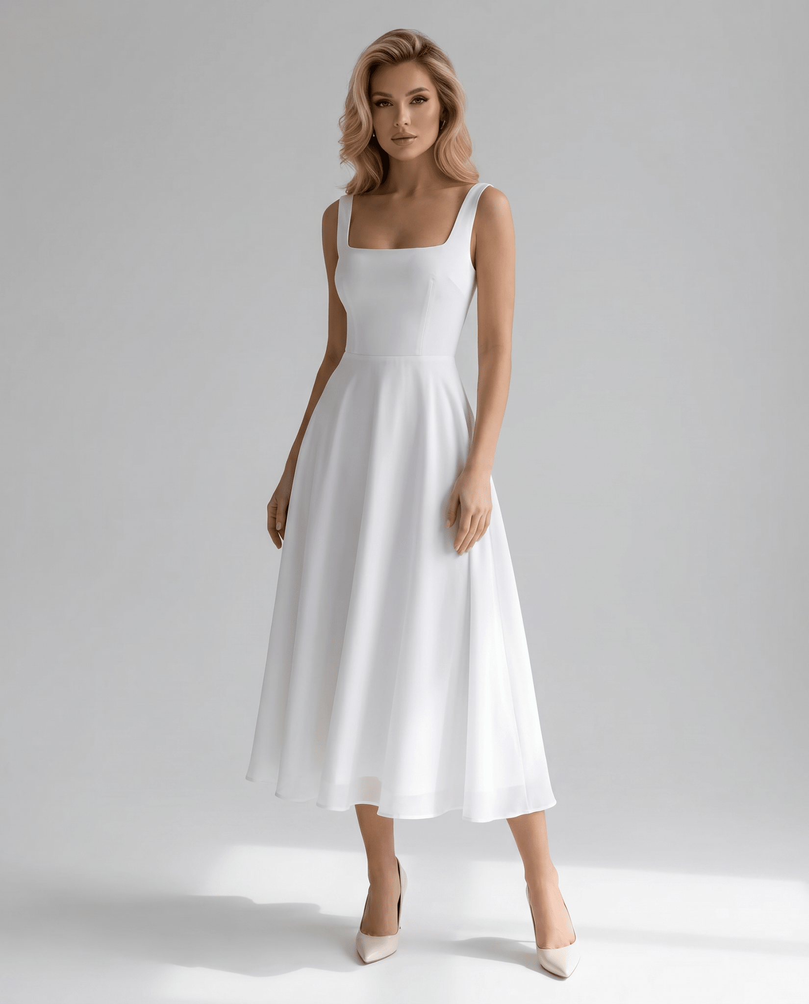 Women's Midi Dress — A - Line Structure Square Neckline Sleeveless - Hudson Harper - Women Midi Dress
