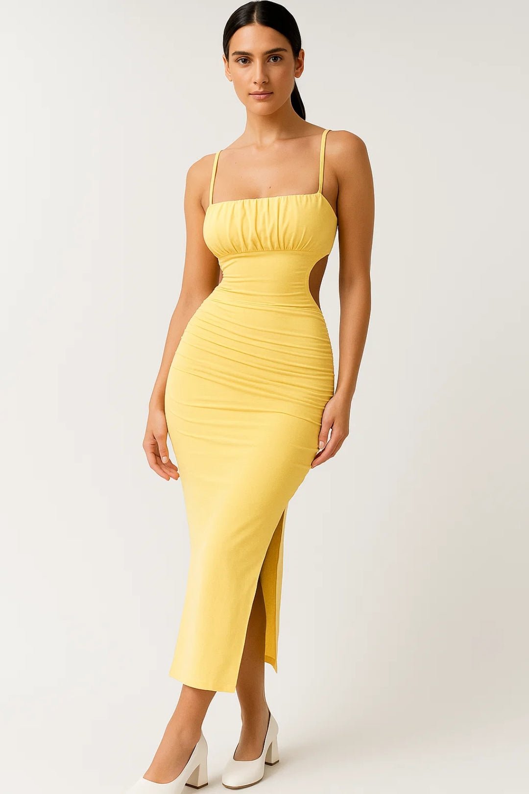 Women's Midi Dress — Bodycon Fit Strappy Pleated Detail Design - Hudson Harper - Women Midi Dress