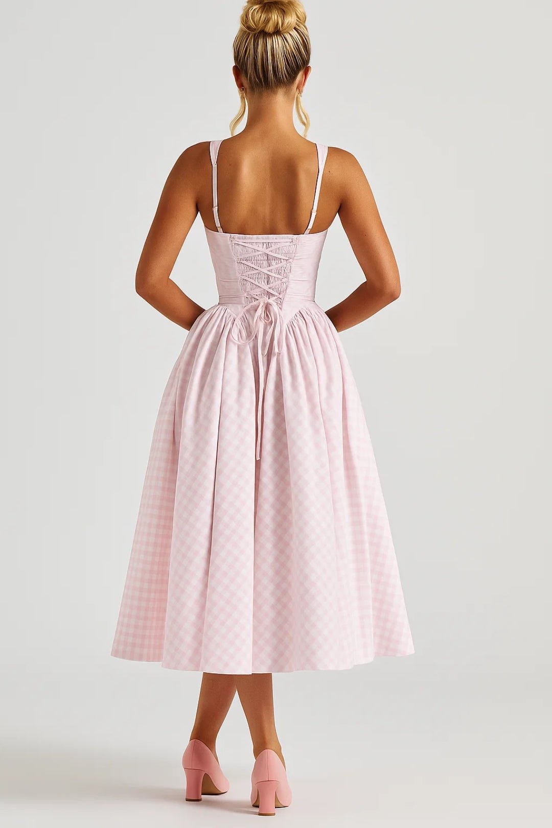 Women's Midi Dress — Checked Print Spaghetti Straps Flared Skirt - Hudson Harper - Women Midi Dress