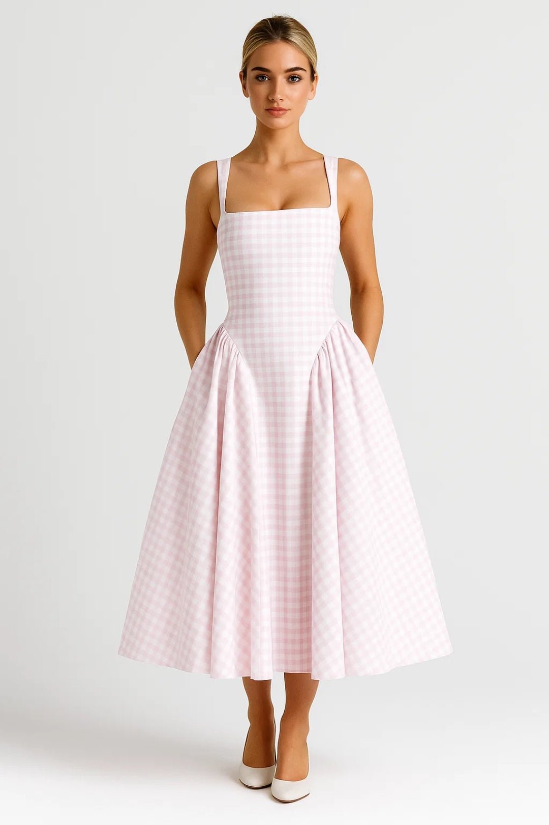 Women's Midi Dress — Checked Print Spaghetti Straps Flared Skirt - Hudson Harper - Women Midi Dress