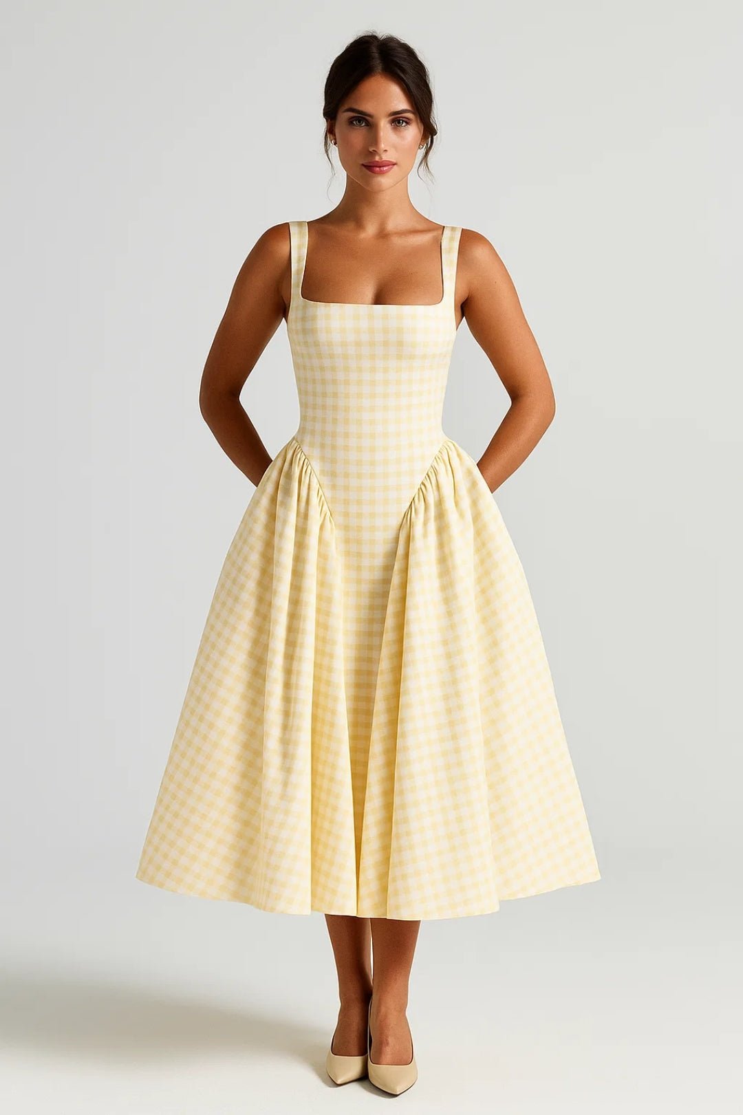 Women's Midi Dress — Checked Print Spaghetti Straps Flared Skirt - Hudson Harper - Women Midi Dress