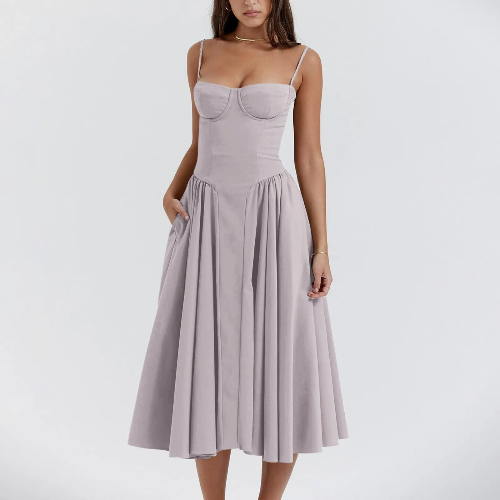 Women's Midi Dress — Corset Bodice Pleated Gathered Skirt - Hudson Harper - Women Midi Dress
