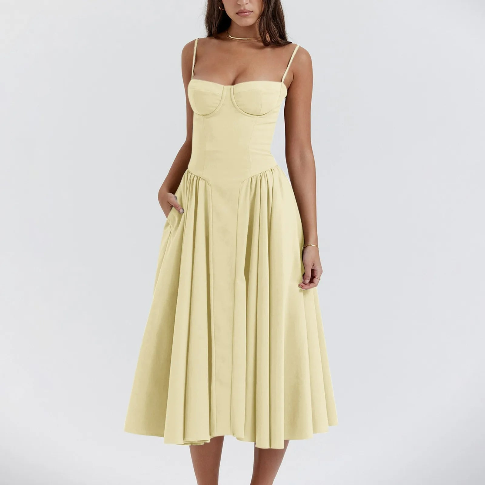 Women's Midi Dress — Corset Bodice Pleated Gathered Skirt - Hudson Harper - Women Midi Dress