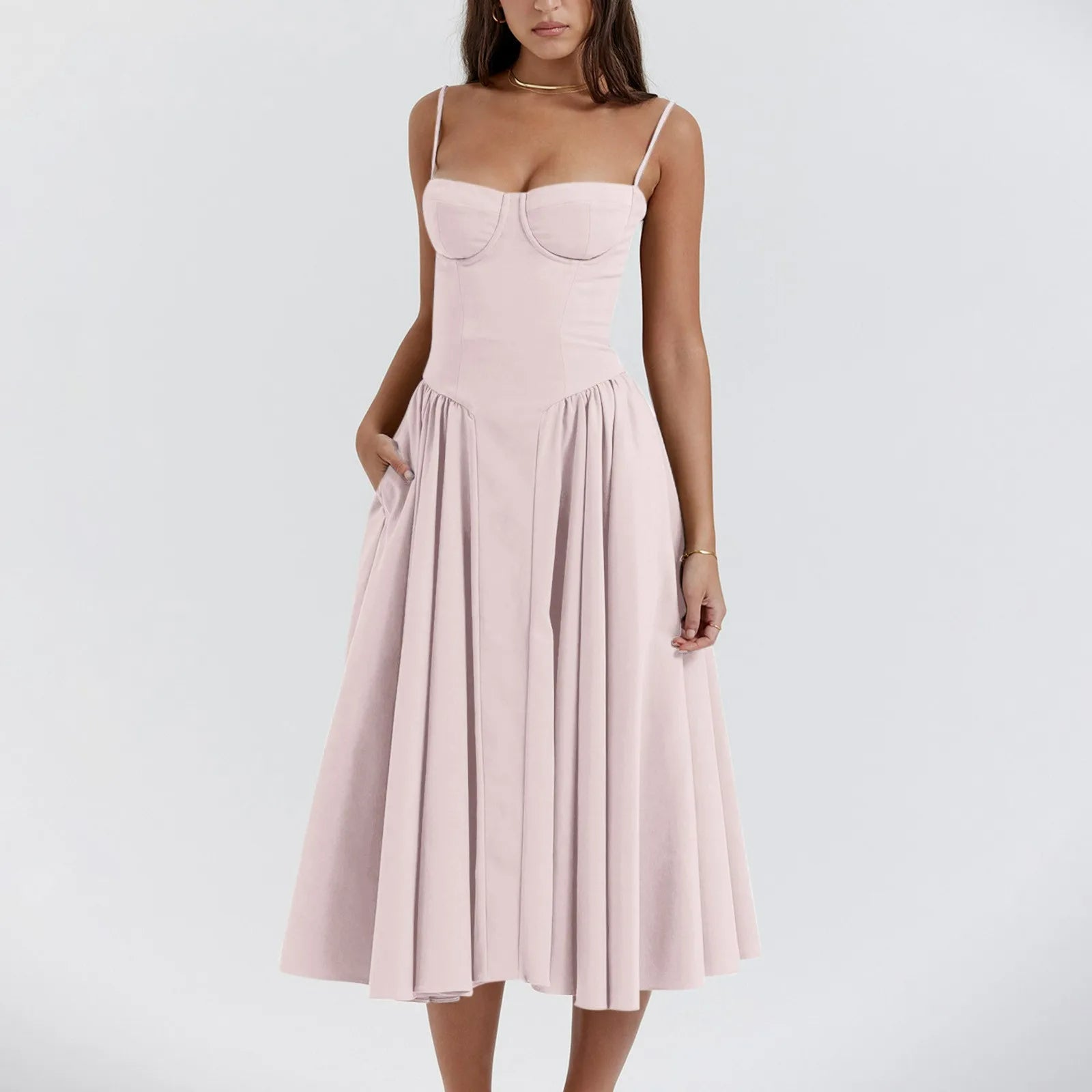 Women's Midi Dress — Corset Bodice Pleated Gathered Skirt - Hudson Harper - Women Midi Dress