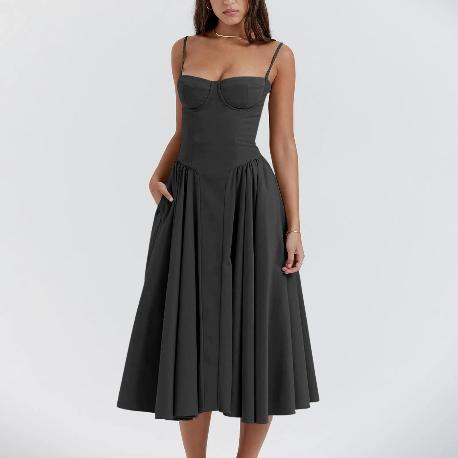Women's Midi Dress — Corset Bodice Pleated Gathered Skirt - Hudson Harper - Women Midi Dress