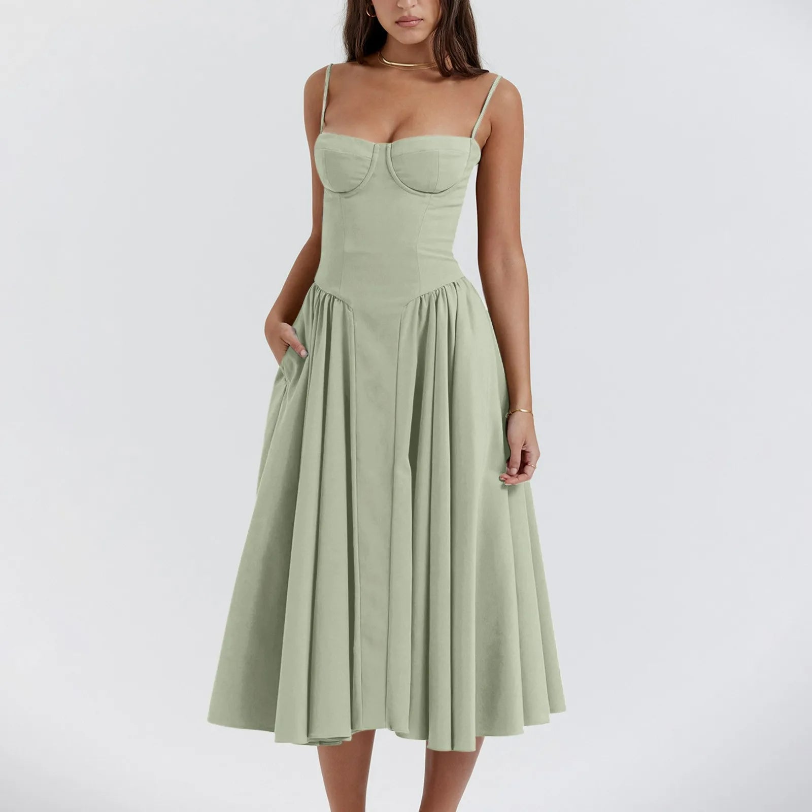 Women's Midi Dress — Corset Bodice Pleated Gathered Skirt - Hudson Harper - Women Midi Dress