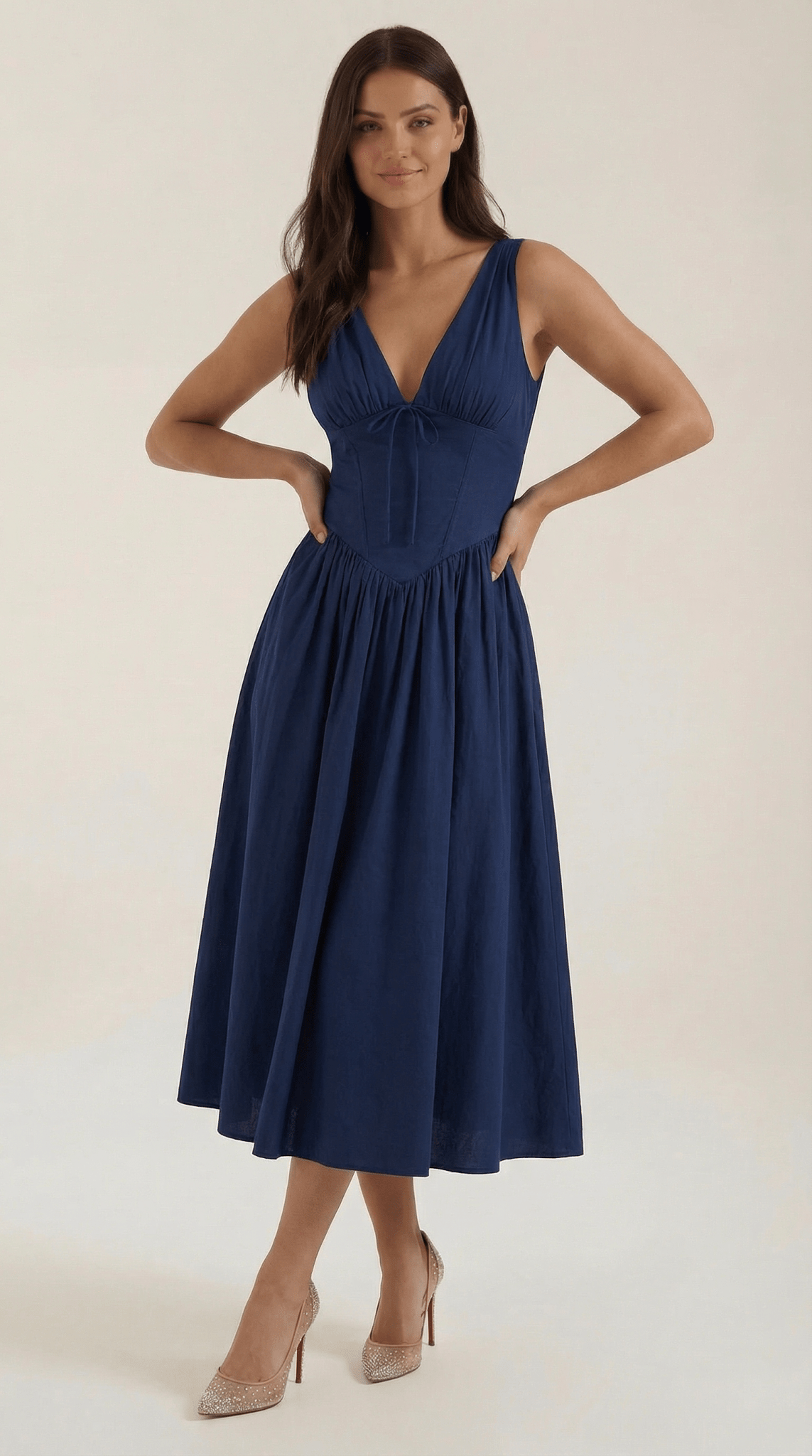 Women's Midi Dress - Fitted Bodice & V - Neckline - Hudson Harper - Women Midi Dress