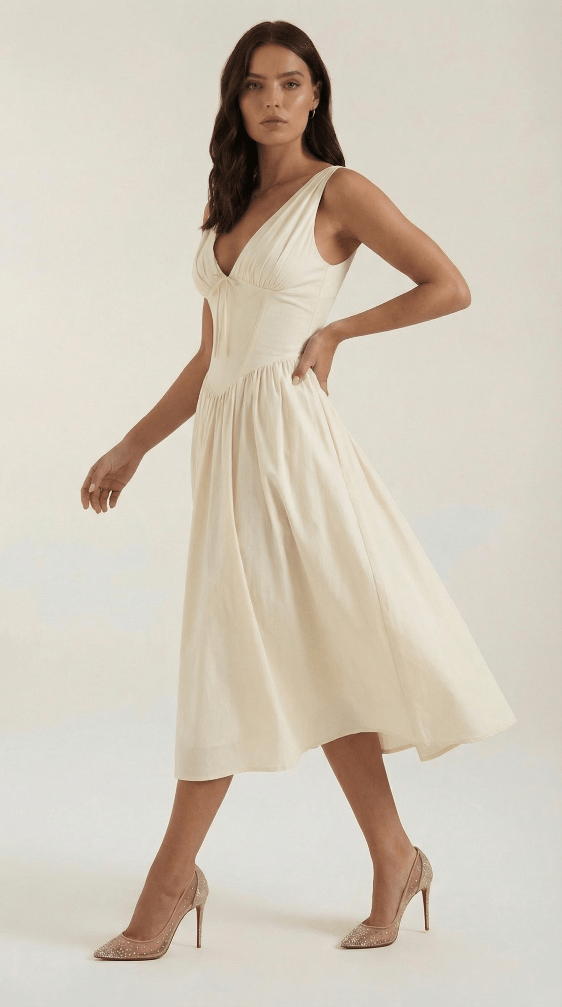 Women's Midi Dress - Fitted Bodice & V - Neckline - Hudson Harper - Women Midi Dress