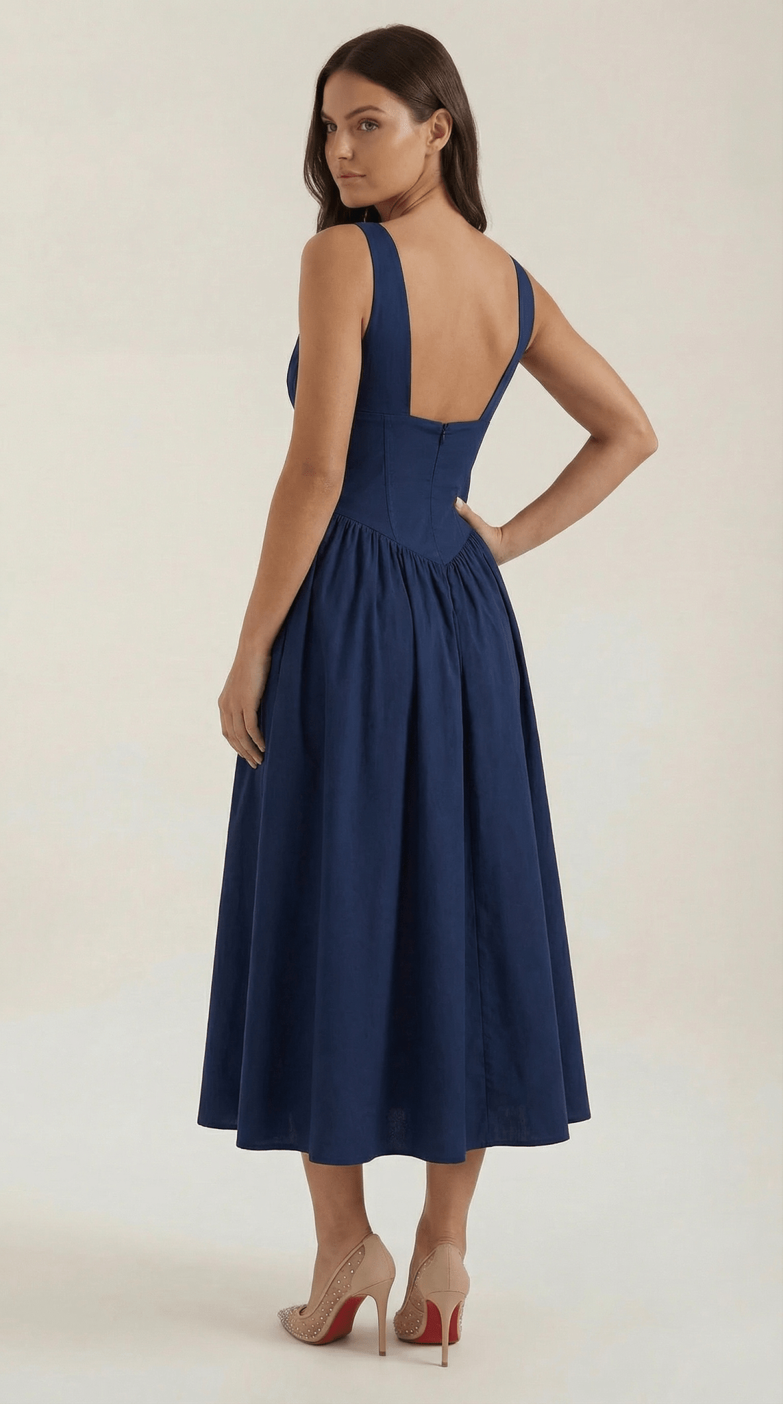 Women's Midi Dress - Fitted Bodice & V - Neckline - Hudson Harper - Women Midi Dress
