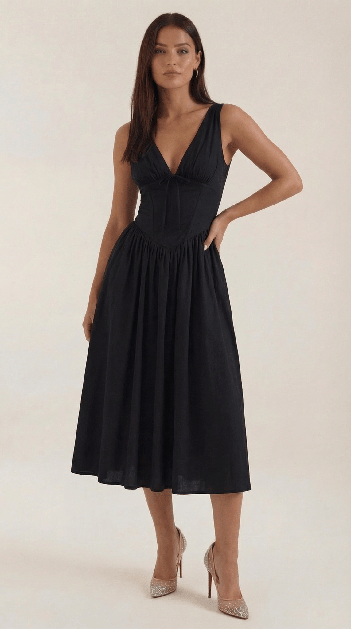 Women's Midi Dress - Fitted Bodice & V - Neckline - Hudson Harper - Women Midi Dress