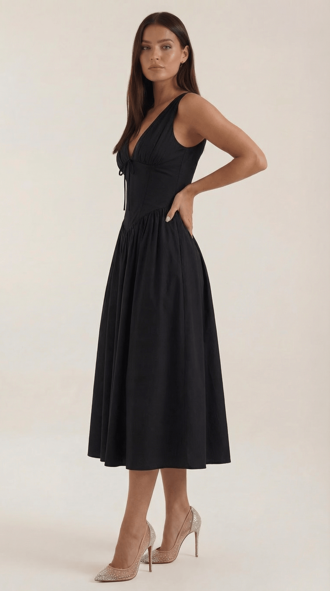Women's Midi Dress - Fitted Bodice & V - Neckline - Hudson Harper - Women Midi Dress