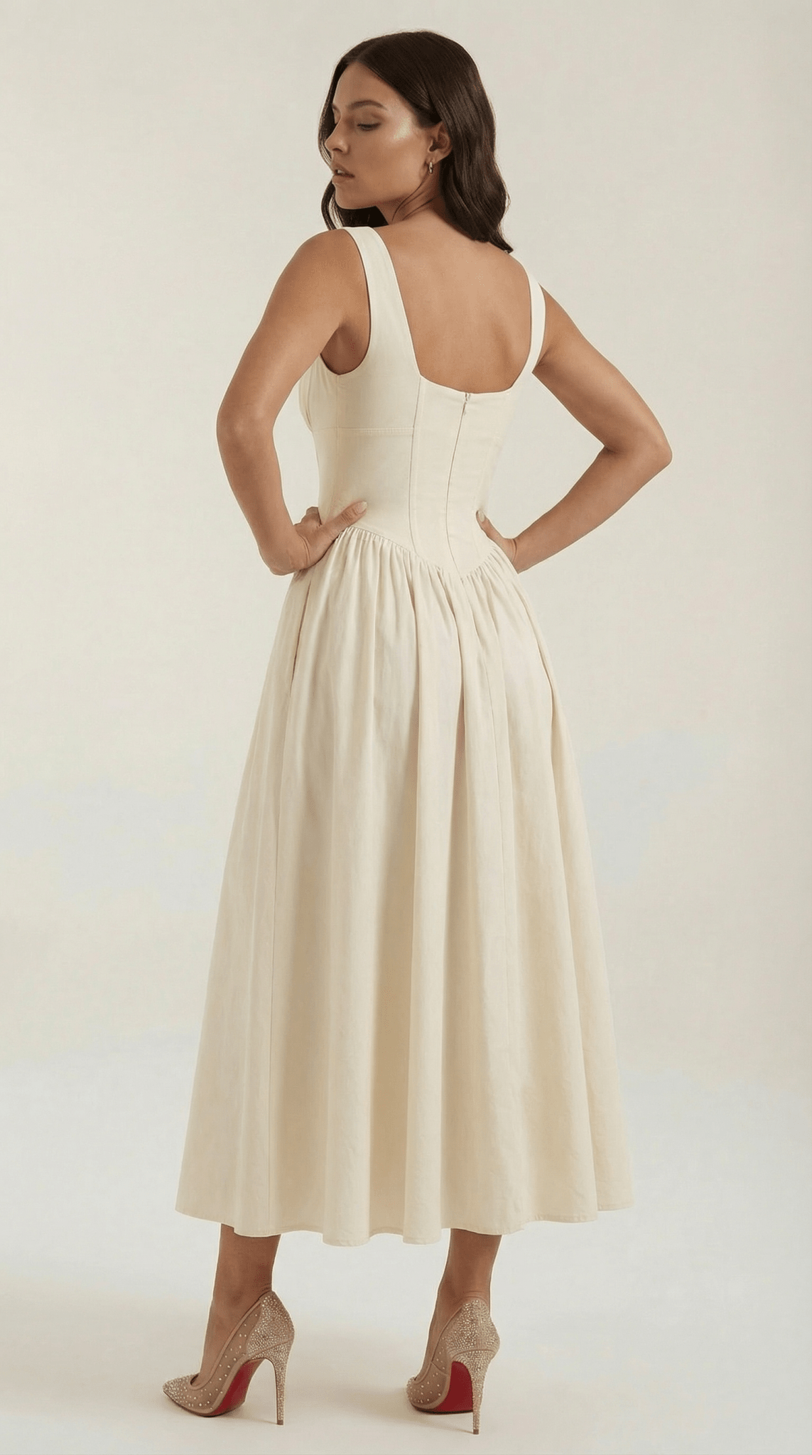 Women's Midi Dress - Fitted Bodice & V - Neckline - Hudson Harper - Women Midi Dress