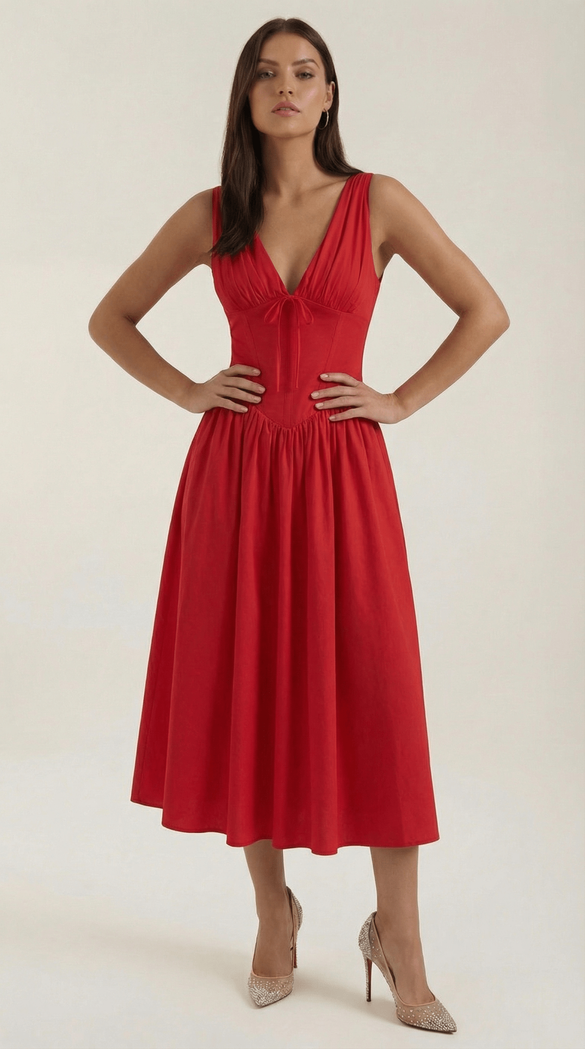 Women's Midi Dress - Fitted Bodice & V - Neckline - Hudson Harper - Women Midi Dress