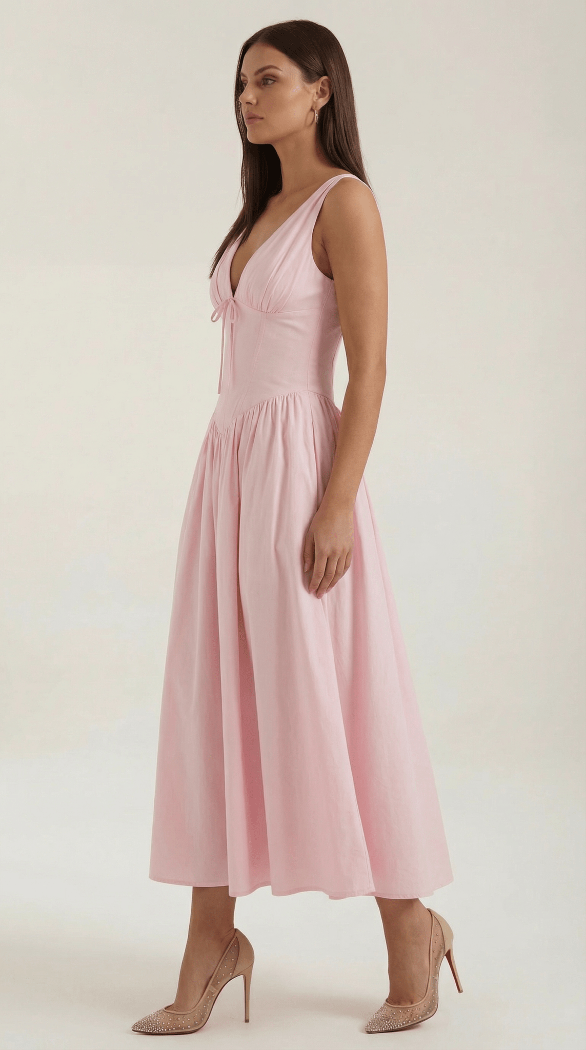 Women's Midi Dress - Fitted Bodice & V - Neckline - Hudson Harper - Women Midi Dress