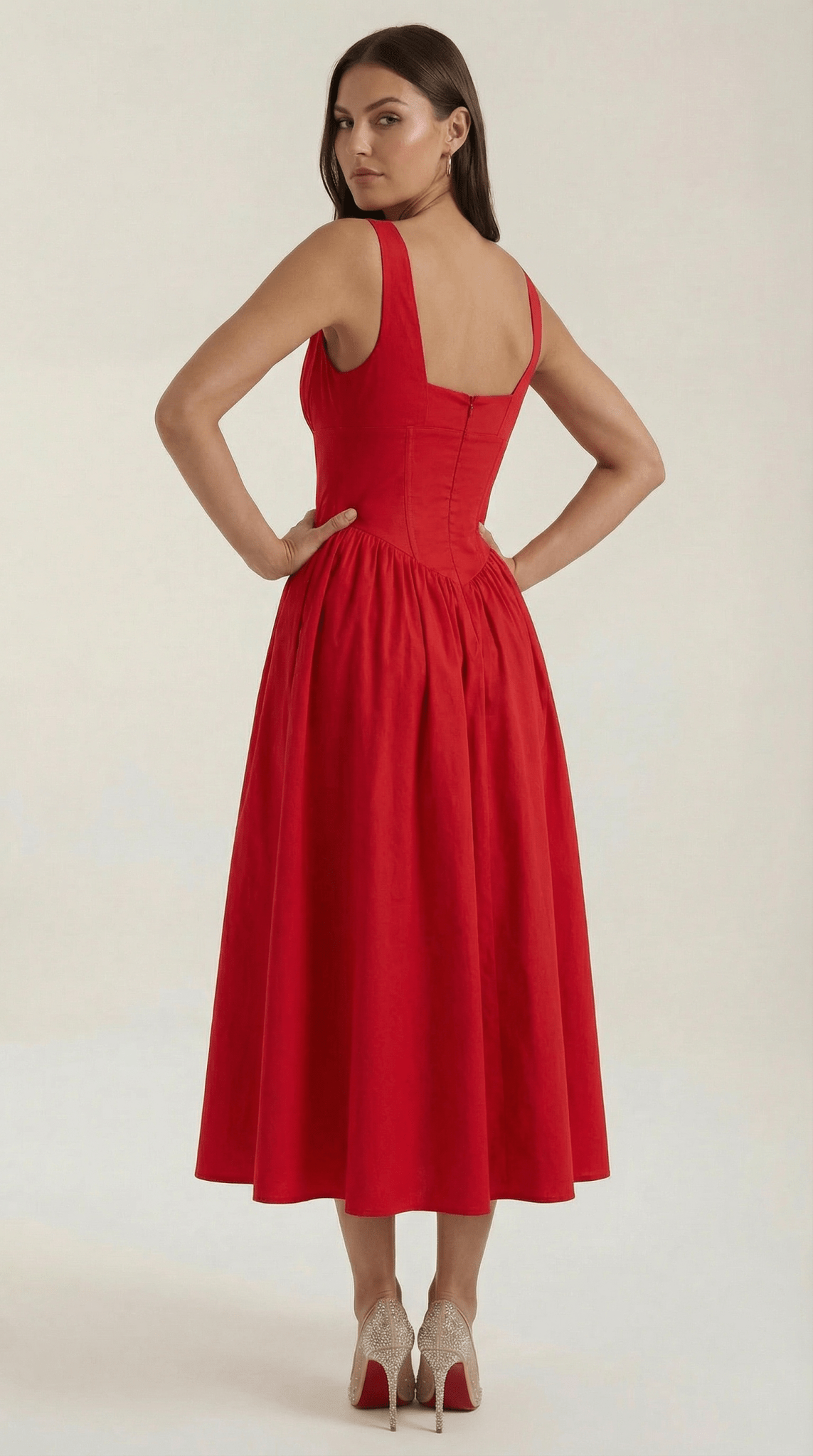 Women's Midi Dress - Fitted Bodice & V - Neckline - Hudson Harper - Women Midi Dress