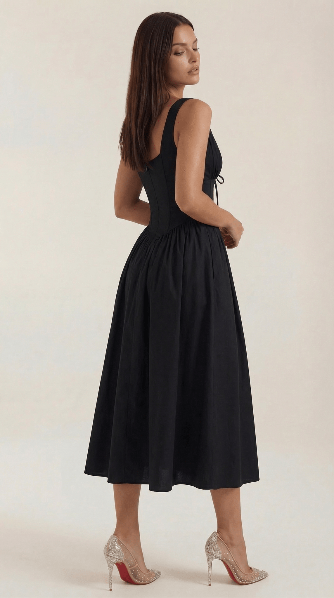 Women's Midi Dress - Fitted Bodice & V - Neckline - Hudson Harper - Women Midi Dress