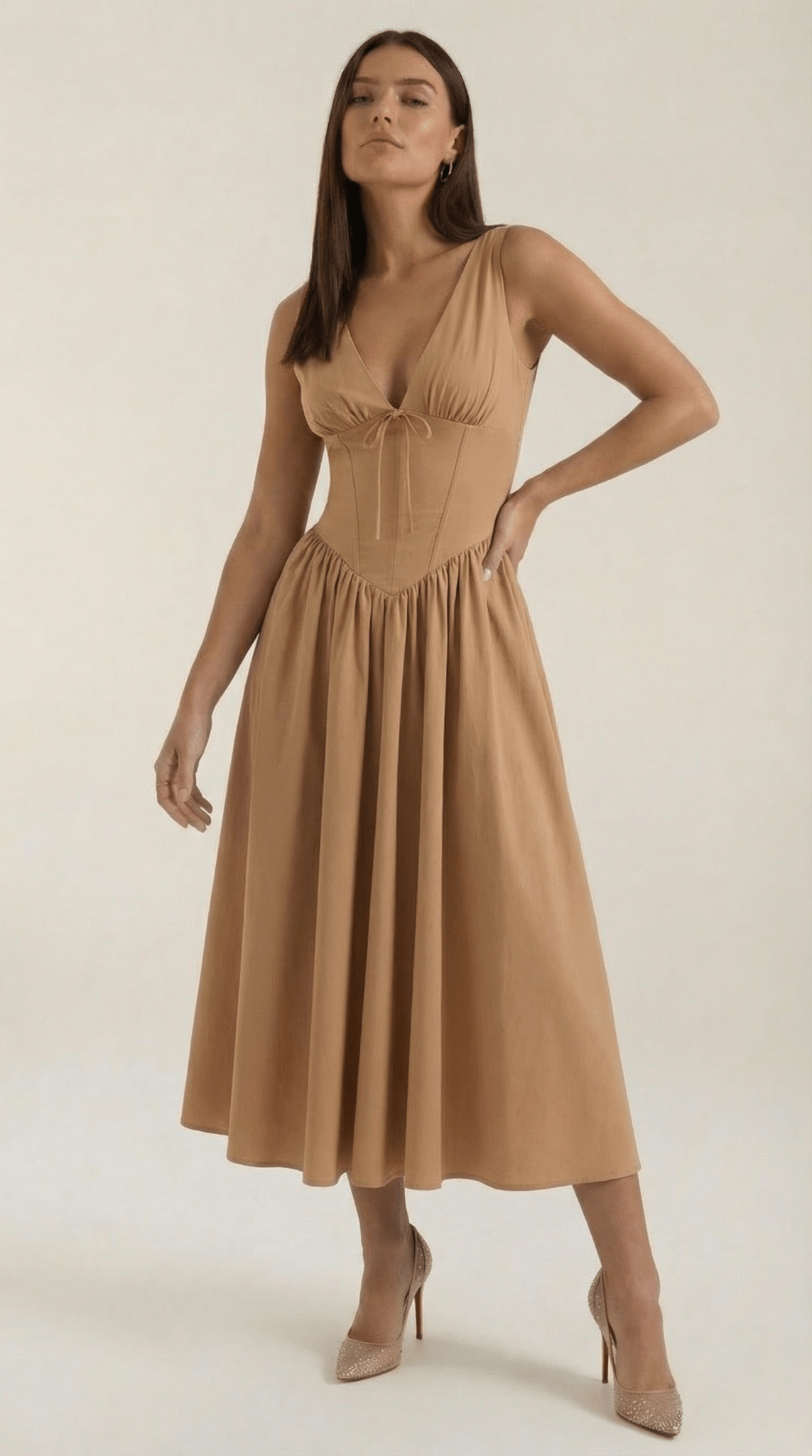 Women's Midi Dress - Fitted Bodice & V - Neckline - Hudson Harper - Women Midi Dress