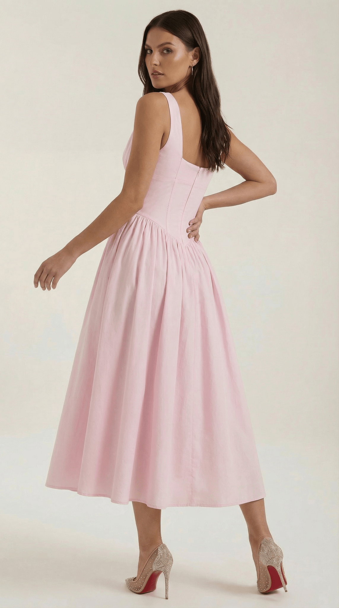 Women's Midi Dress - Fitted Bodice & V - Neckline - Hudson Harper - Women Midi Dress