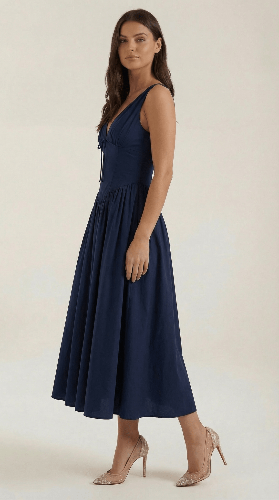 Women's Midi Dress - Fitted Bodice & V - Neckline - Hudson Harper - Women Midi Dress
