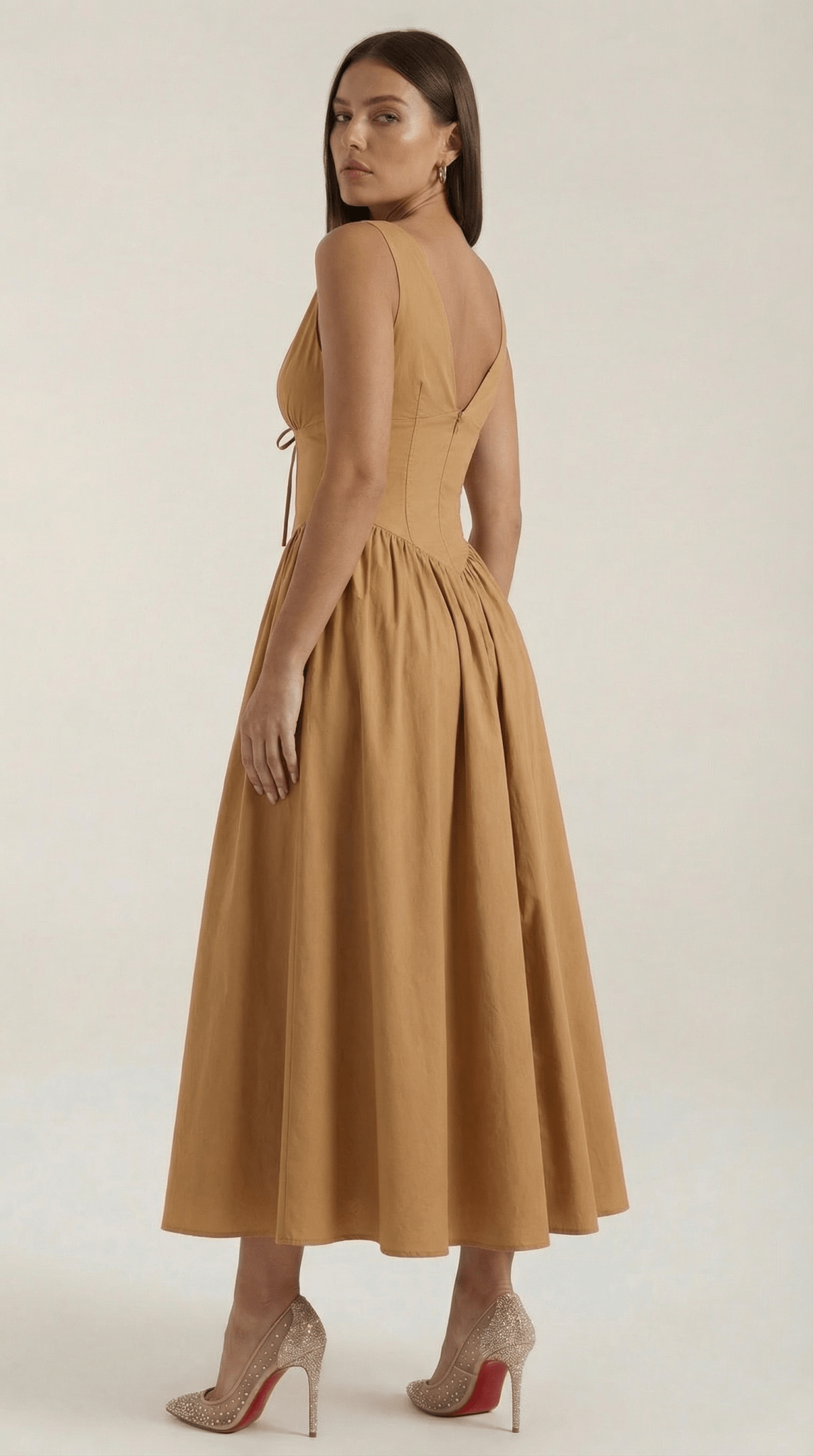 Women's Midi Dress - Fitted Bodice & V - Neckline - Hudson Harper - Women Midi Dress