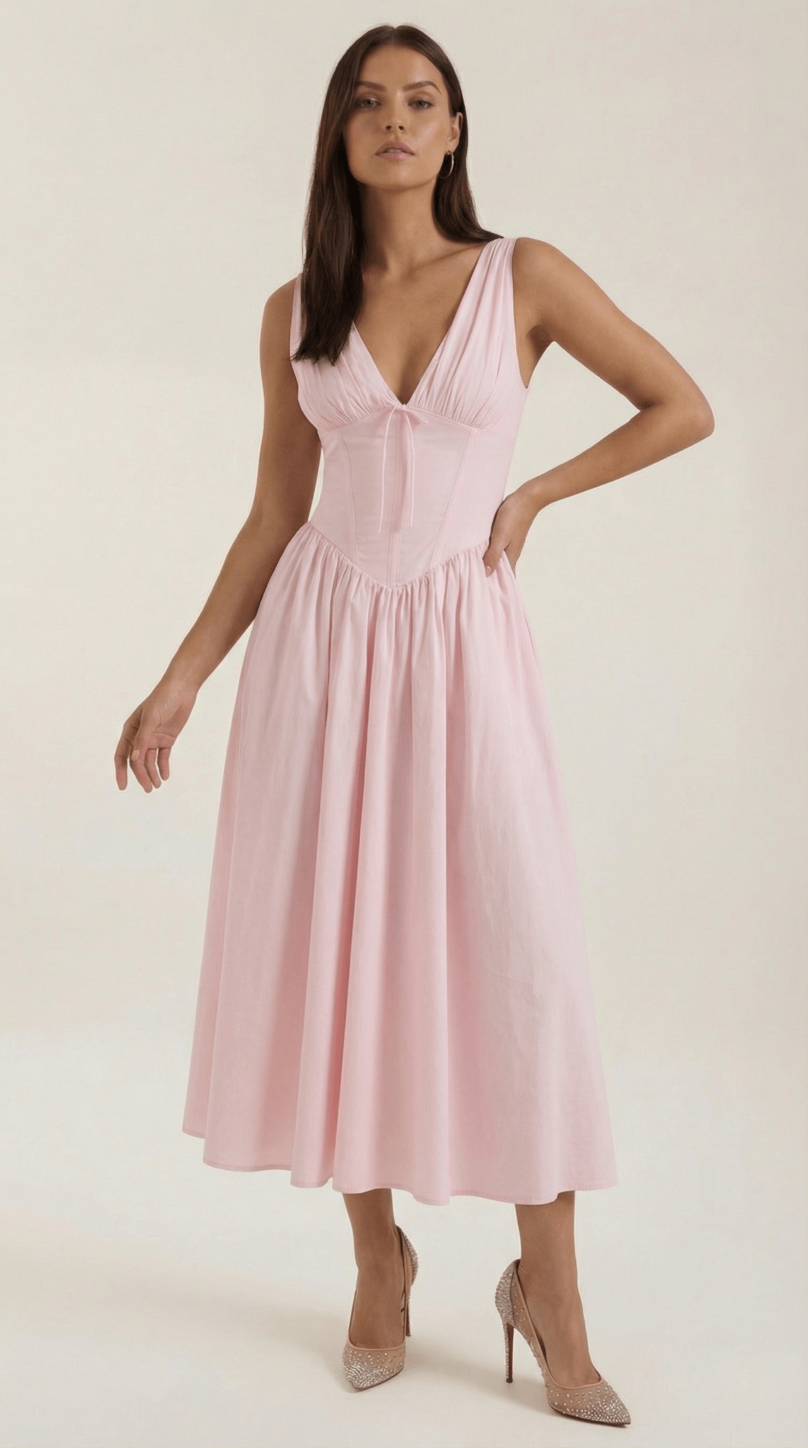 Women's Midi Dress - Fitted Bodice & V - Neckline - Hudson Harper - Women Midi Dress