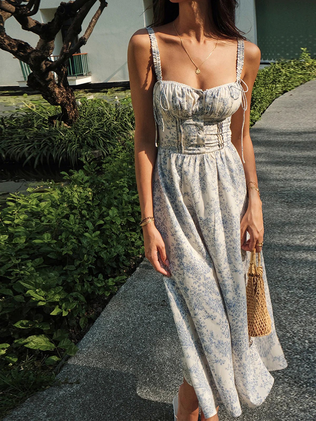 Women's Midi Dress — Floral Print Corset Bodice Button Closure - Hudson Harper - Women Midi Dress