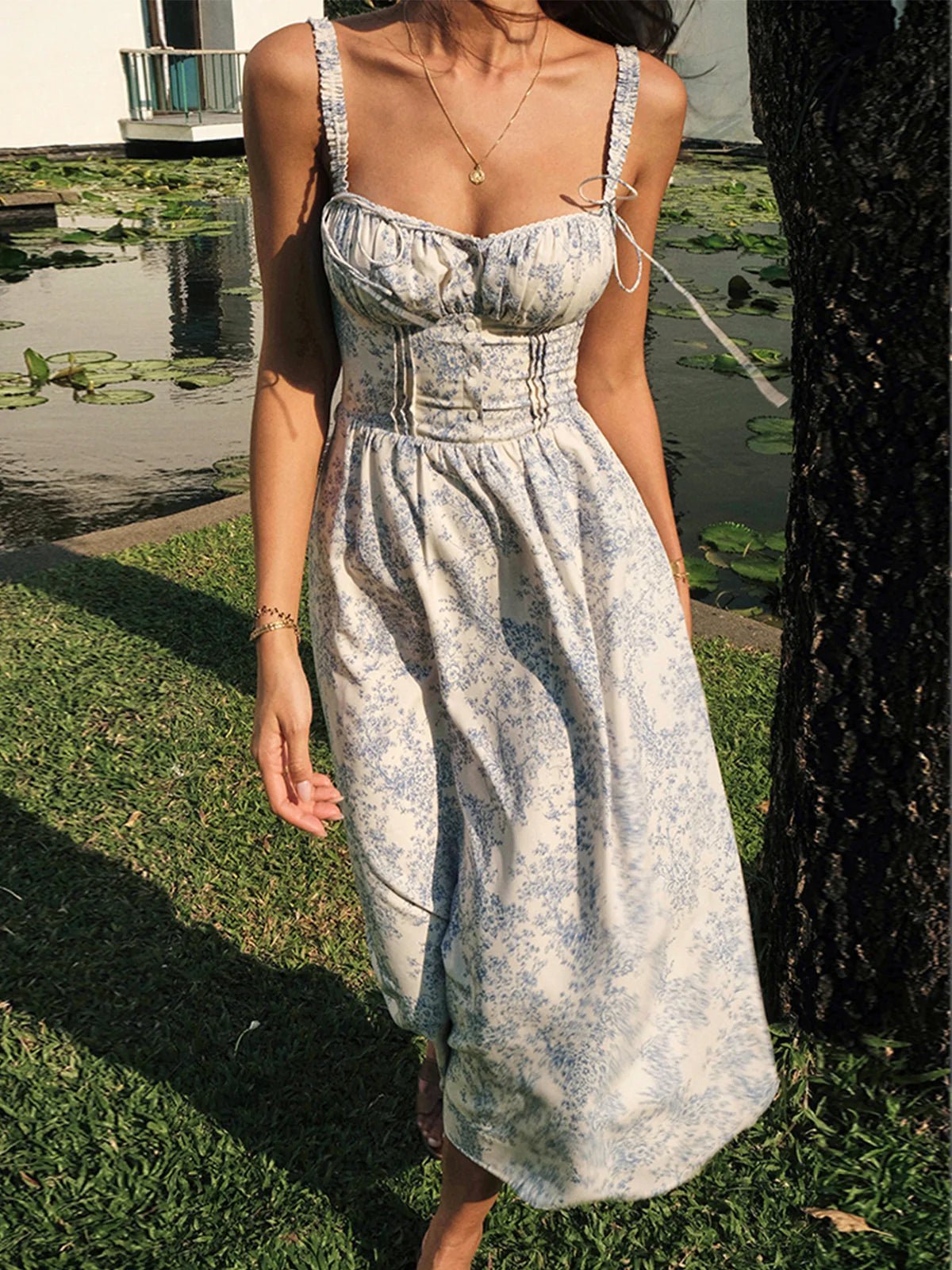 Women's Midi Dress — Floral Print Corset Bodice Button Closure - Hudson Harper - Women Midi Dress