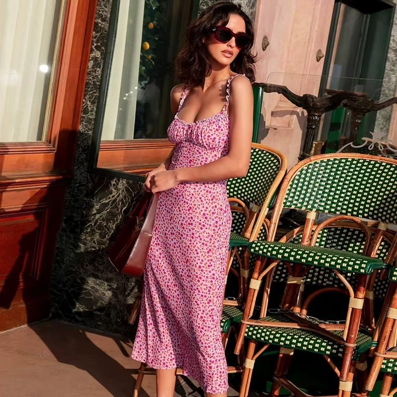 Women's Midi Dress — Floral Print Ruffle Straps Sleeveless Fit - Hudson Harper - Women Midi Dress